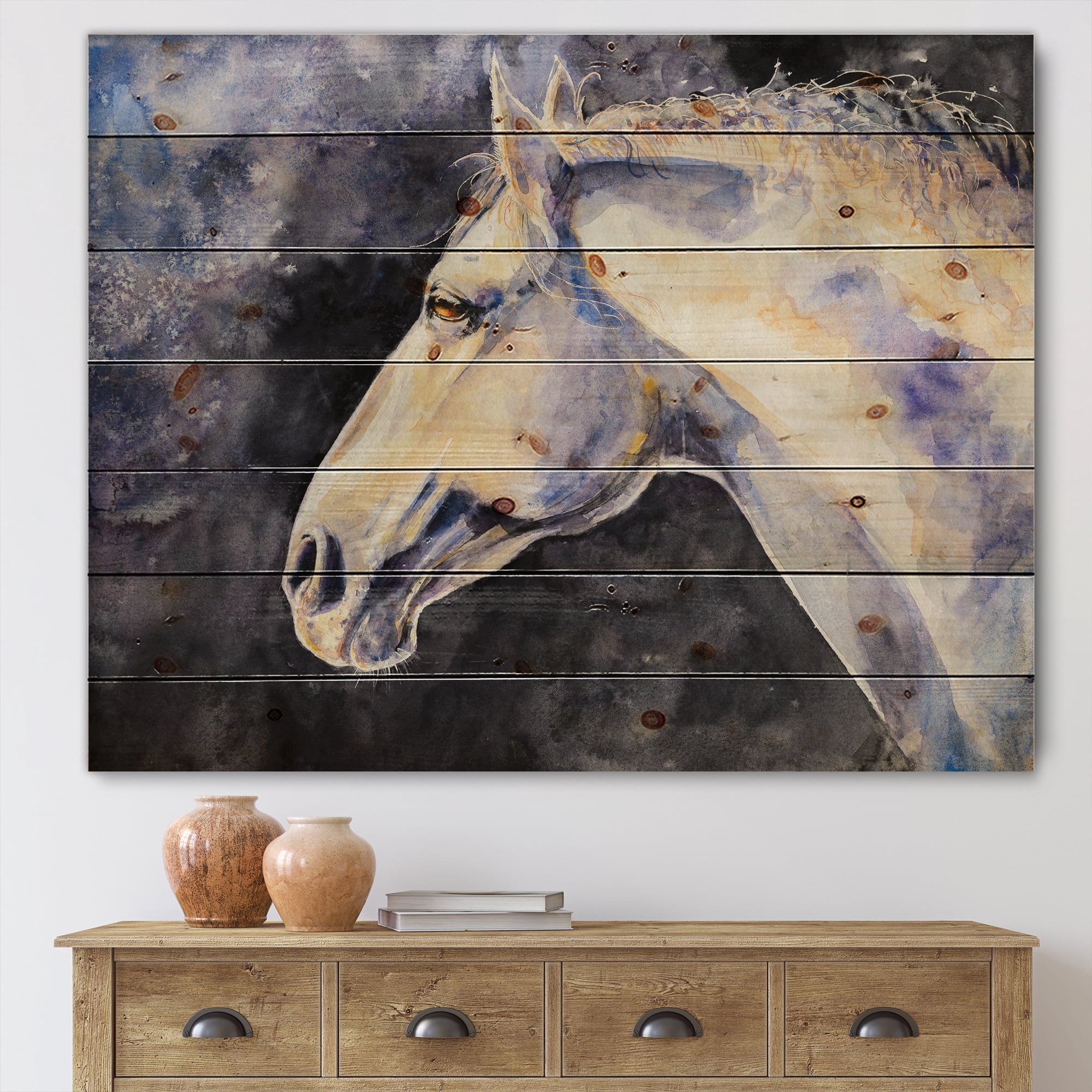 Designart 'Close Up Of The Head of A Lipizzan Horse' Farmhouse Print on Natural Pine Wood