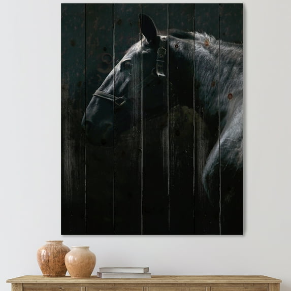 Designart 'Close Up Of Thoroughbred Nonius Stallion Horse II' Farmhouse Print on Natural Pine Wood