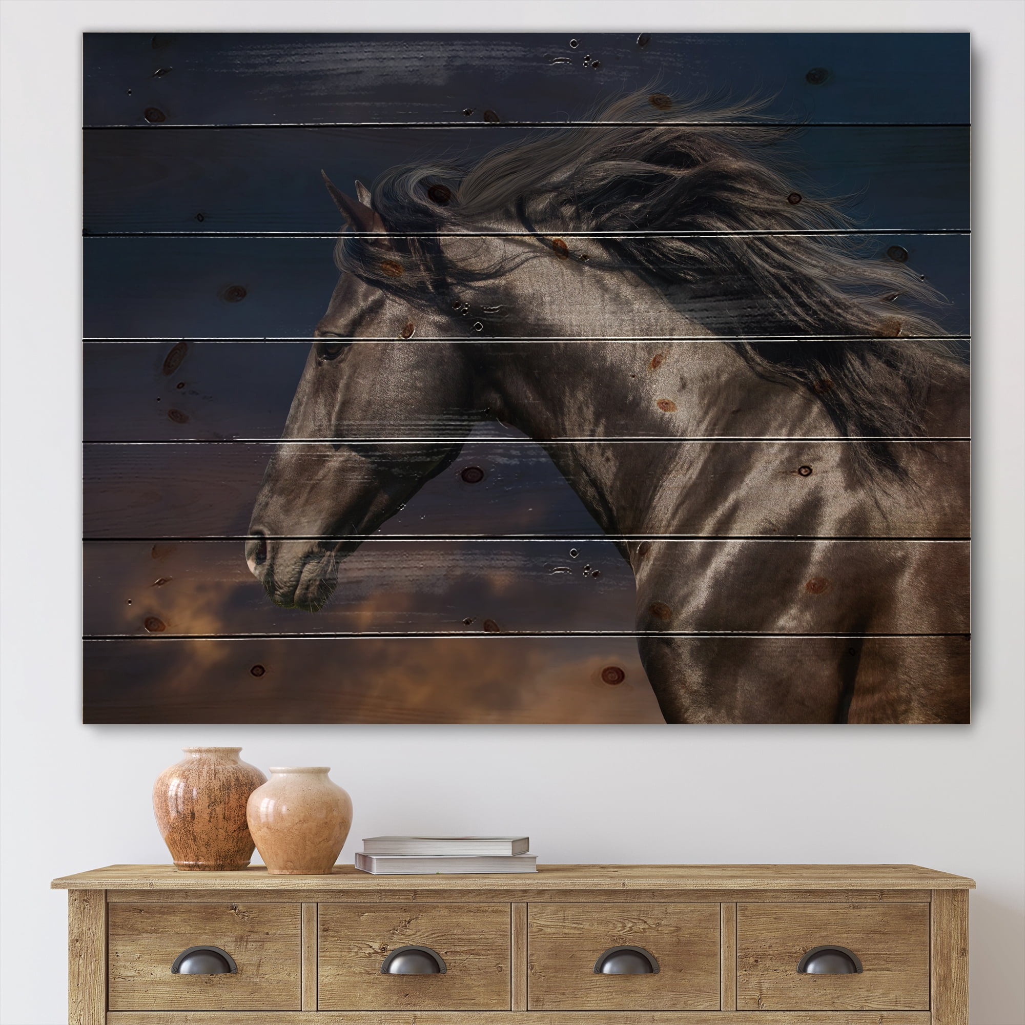 Designart 'Close Up Of Thoroughbred Nonius Stallion Horse III' Farmhouse Print on Natural Pine Wood