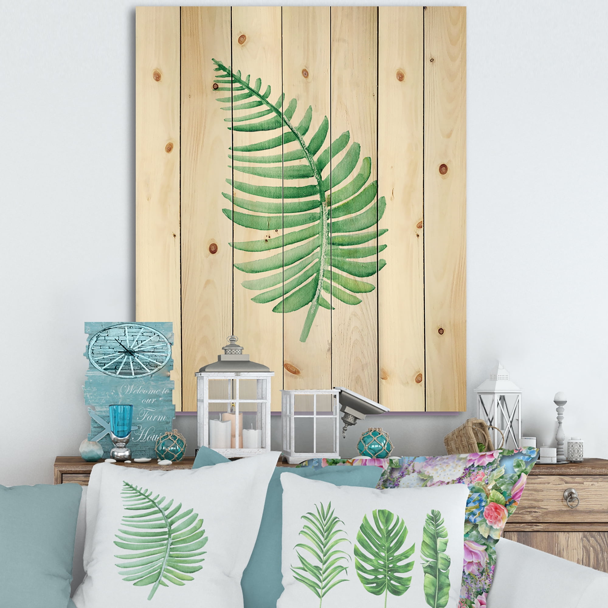 Natural Pine Wood Wall Art with Green Tropical Leaf Print