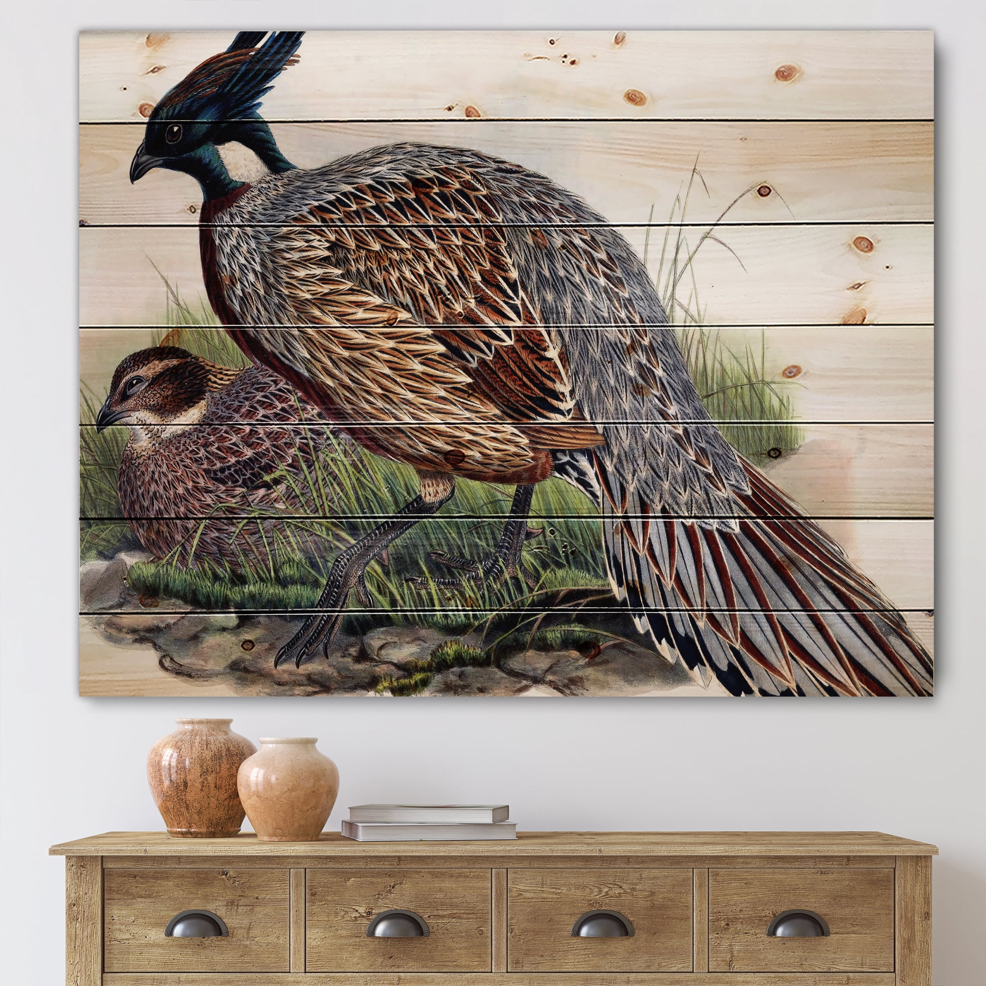 Designart 'Close Up Of Vintage Countryside Birds' Farmhouse Print on Natural Pine Wood