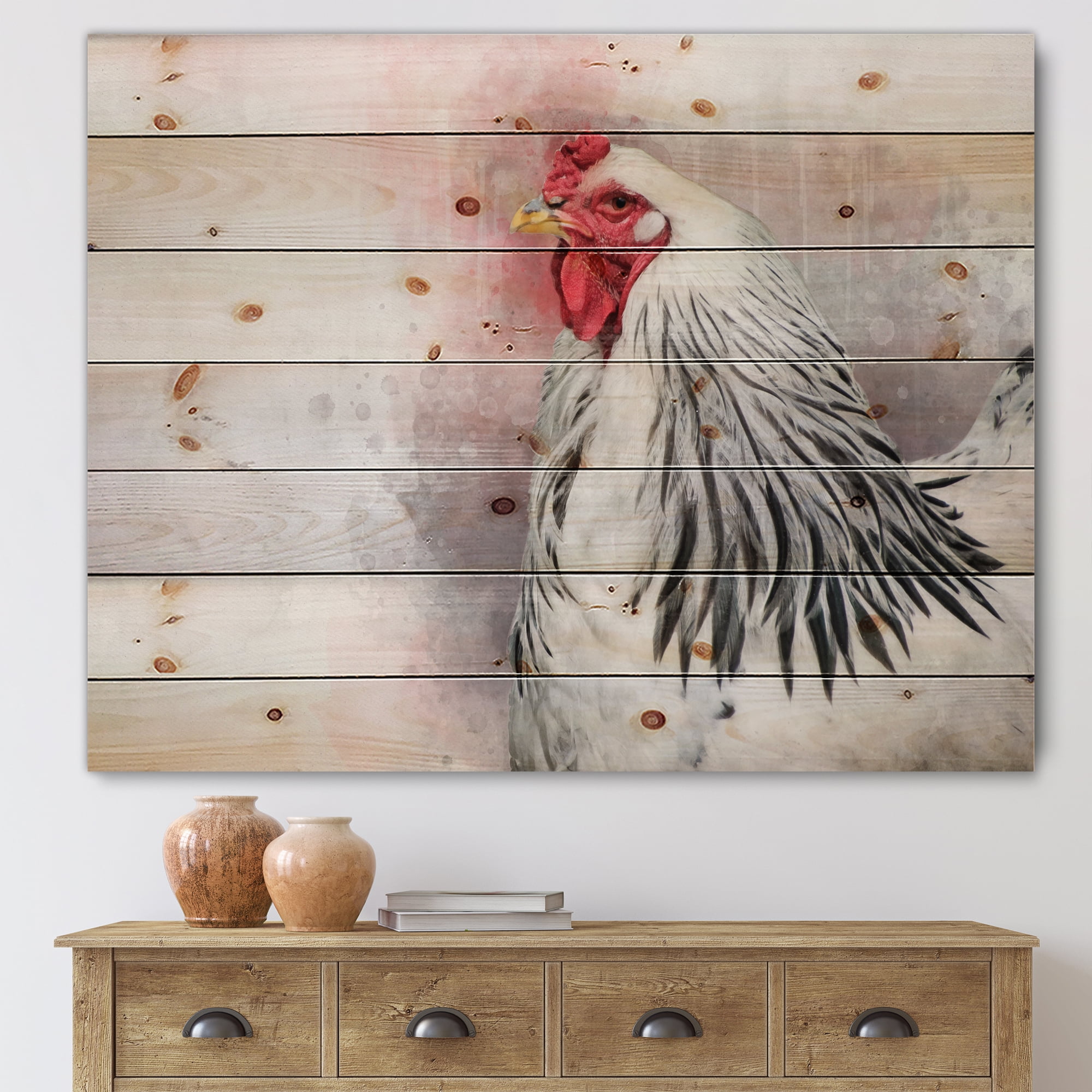 Designart 'Close Up of White Columbia Brahma Rooster Bird' Traditional Print On Natural Pine Wood, image size:2000x2000