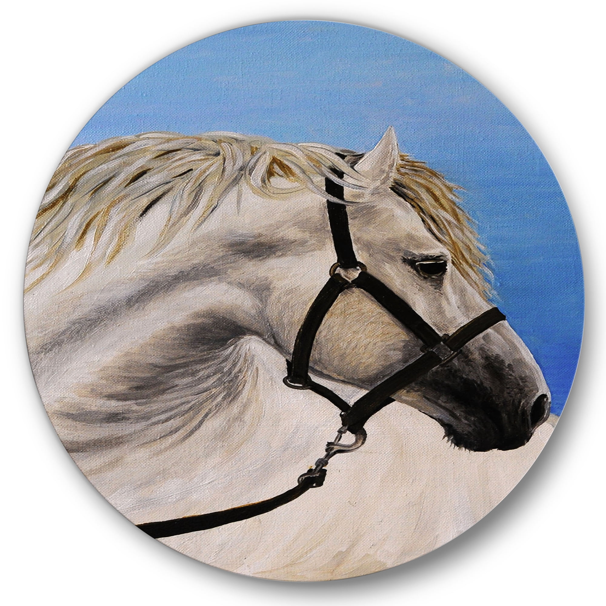 Designart 'Close Up Of White Horse In The Furrow' Farmhouse Circle Metal Wall Art 11x11 - Disc of 11