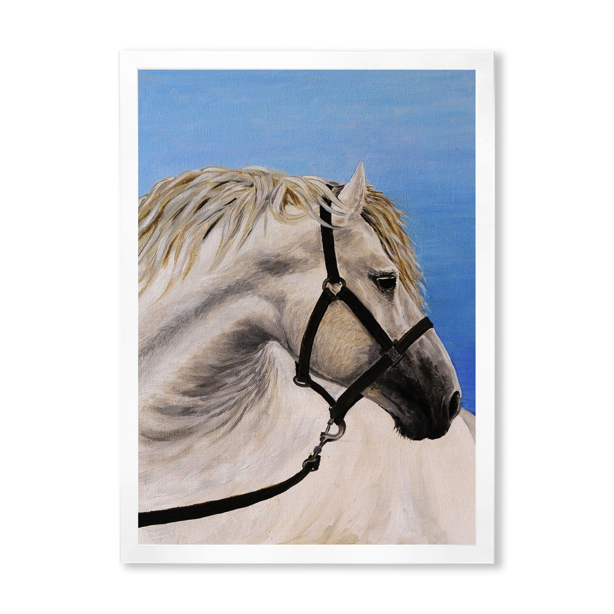 Designart 'Close Up Of White Horse In The Furrow' Farmhouse Framed Art Print