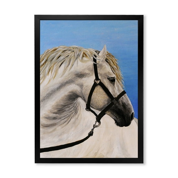 Designart 'Close Up Of White Horse In The Furrow' Farmhouse Framed Art Print