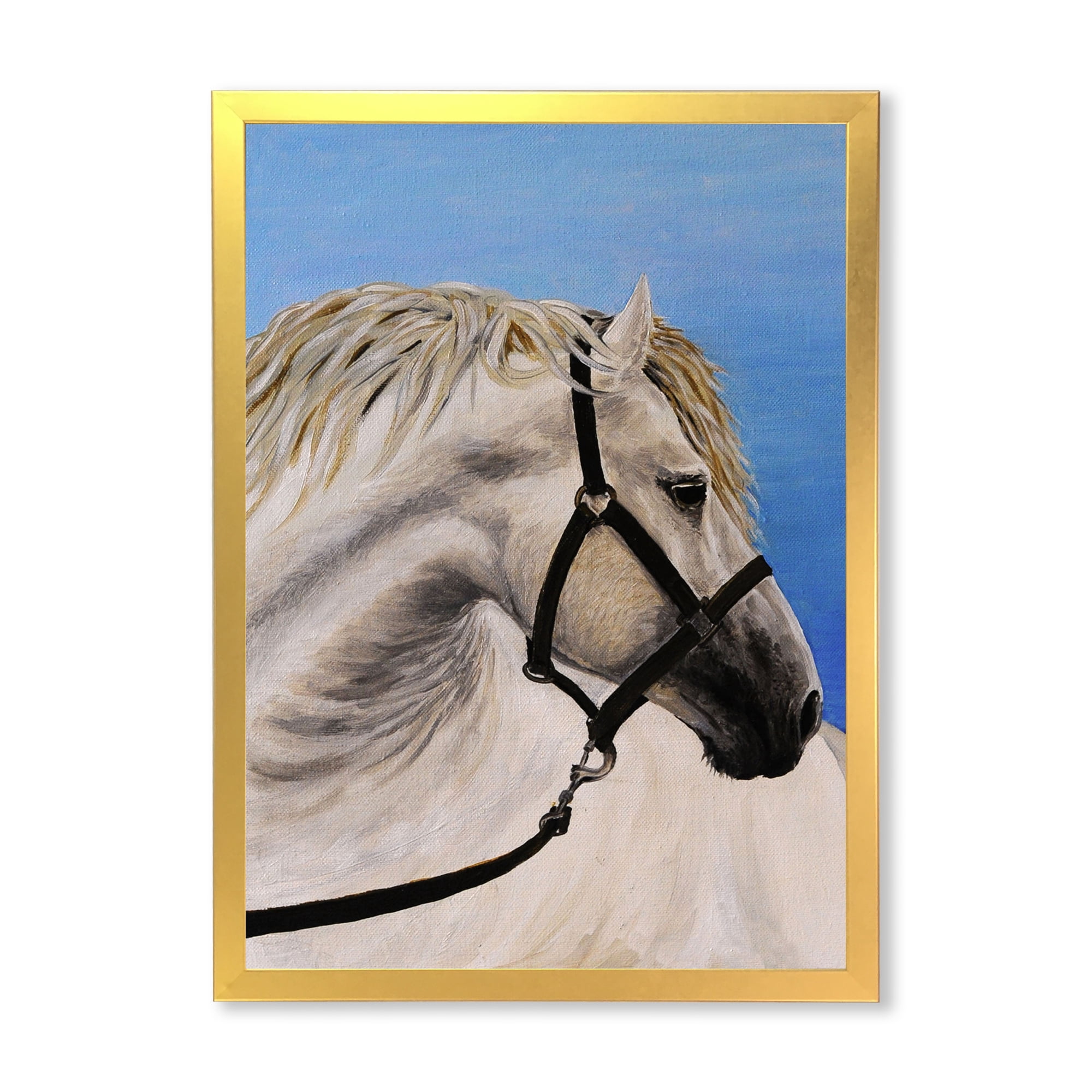 Designart 'Close Up Of White Horse In The Furrow' Farmhouse Framed Art Print