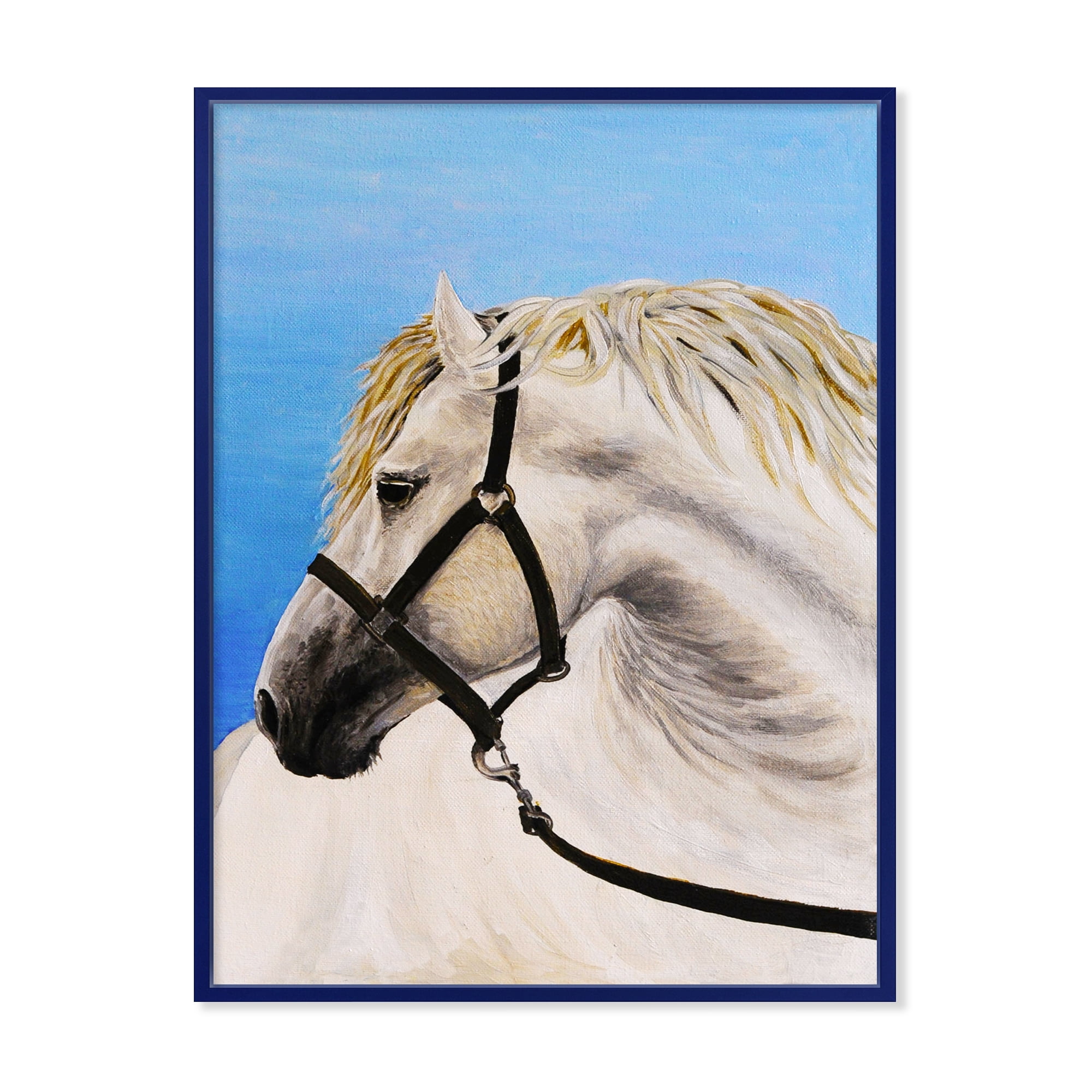 Designart 'Close Up Of White Horse In The Furrow' Farmhouse Framed Canvas Wall Art Print