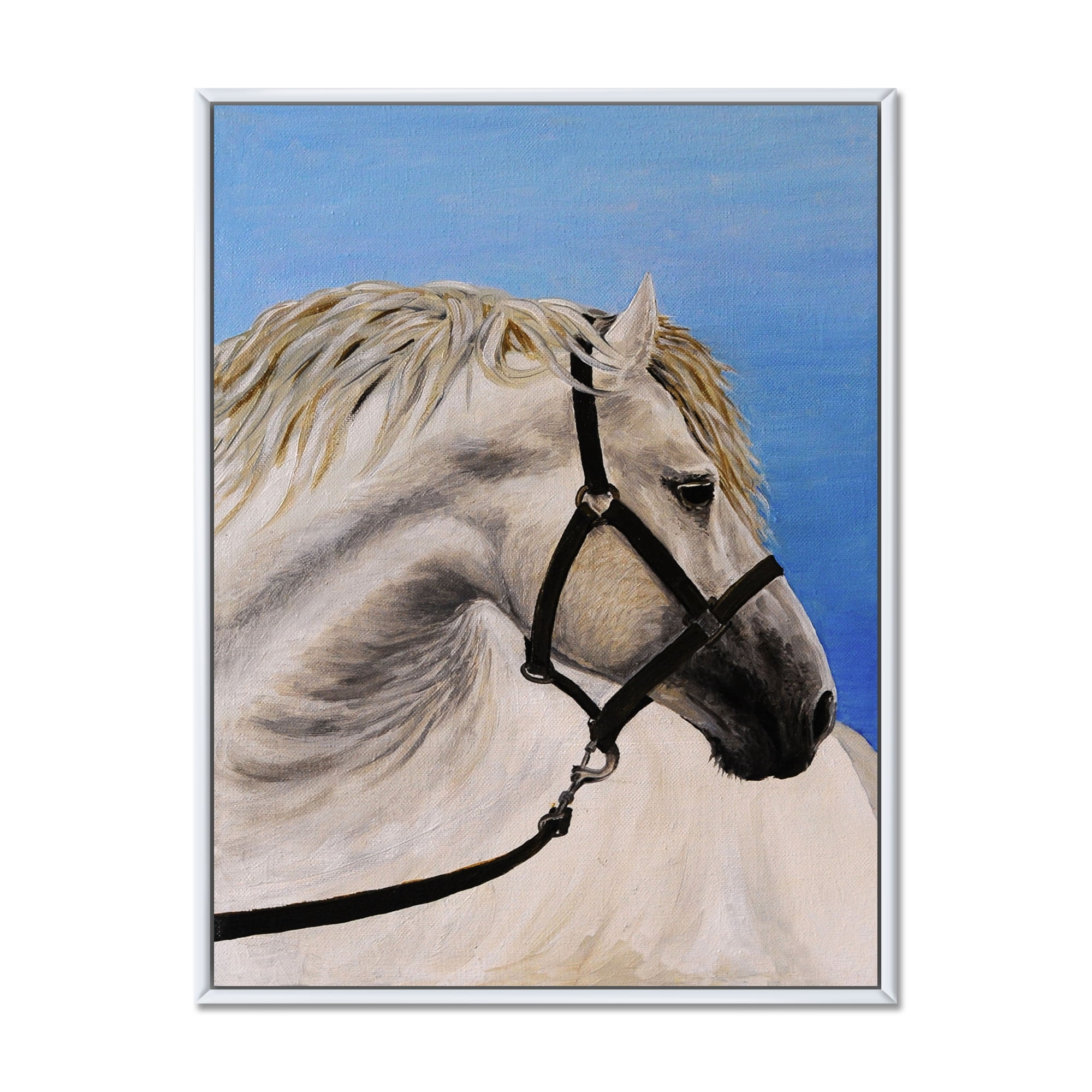 Designart 'Close Up Of White Horse In The Furrow' Farmhouse Framed Canvas Wall Art Print