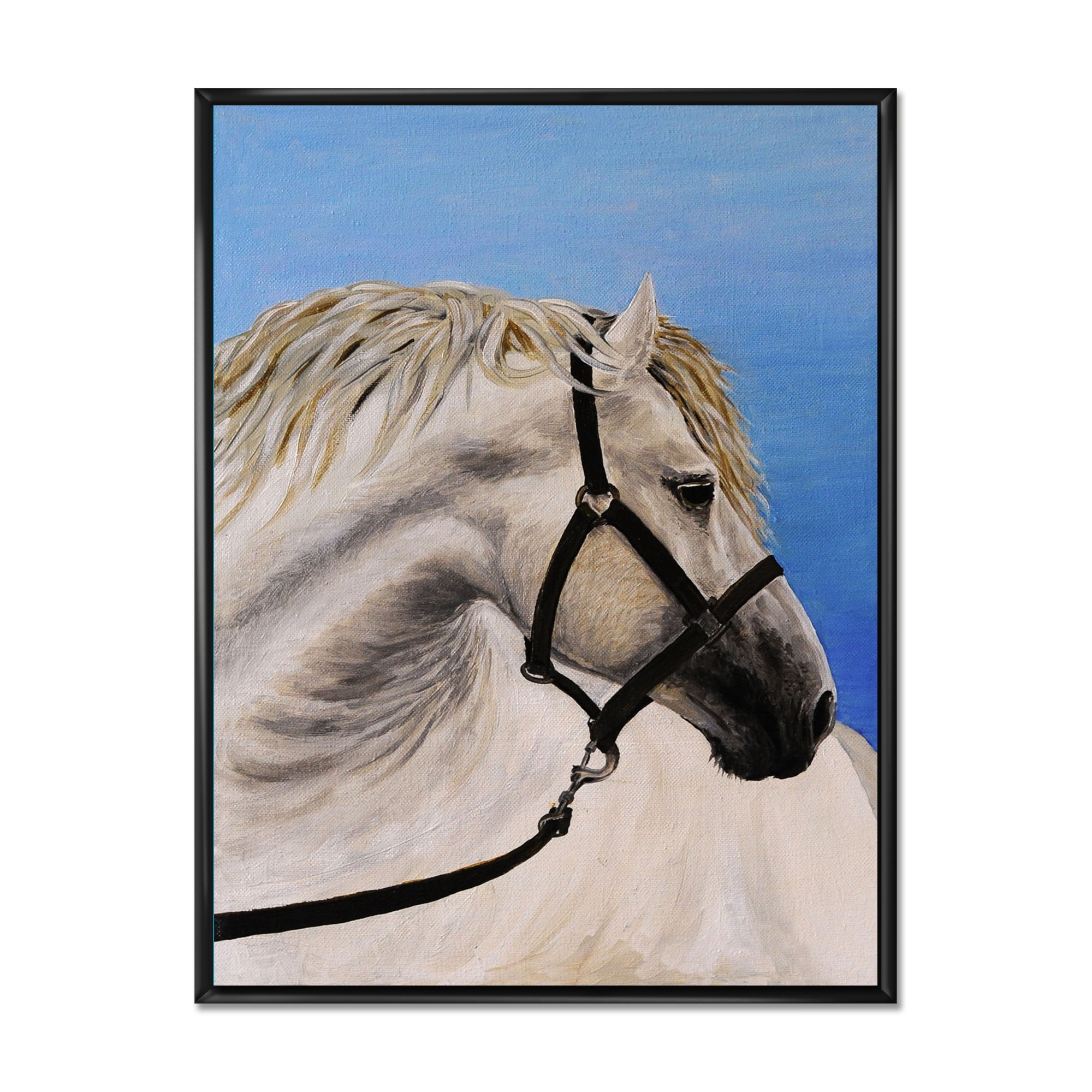 Designart 'Close Up Of White Horse In The Furrow' Farmhouse Framed Canvas Wall Art Print