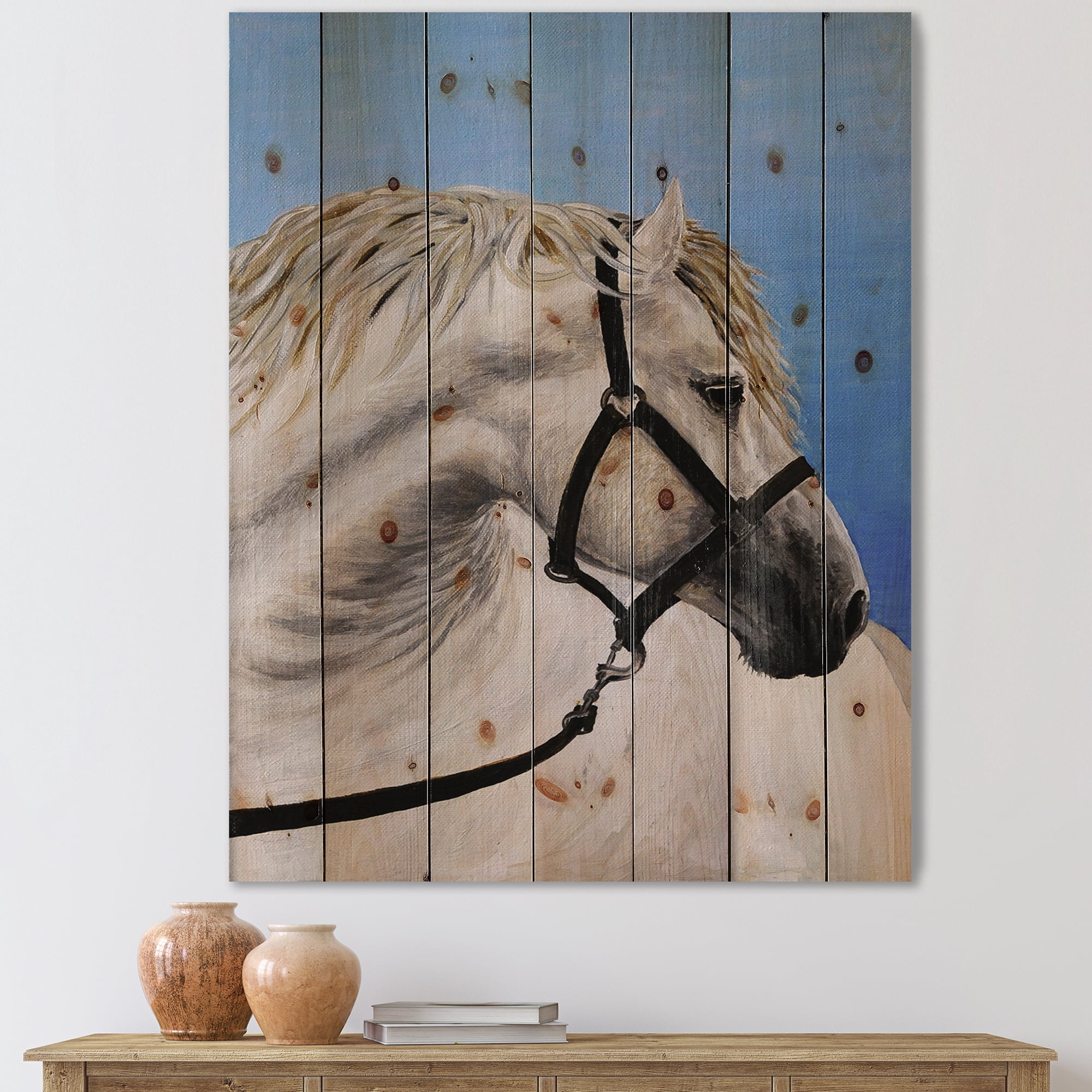 Designart 'Close Up Of White Horse In The Furrow' Farmhouse Print on Natural Pine Wood