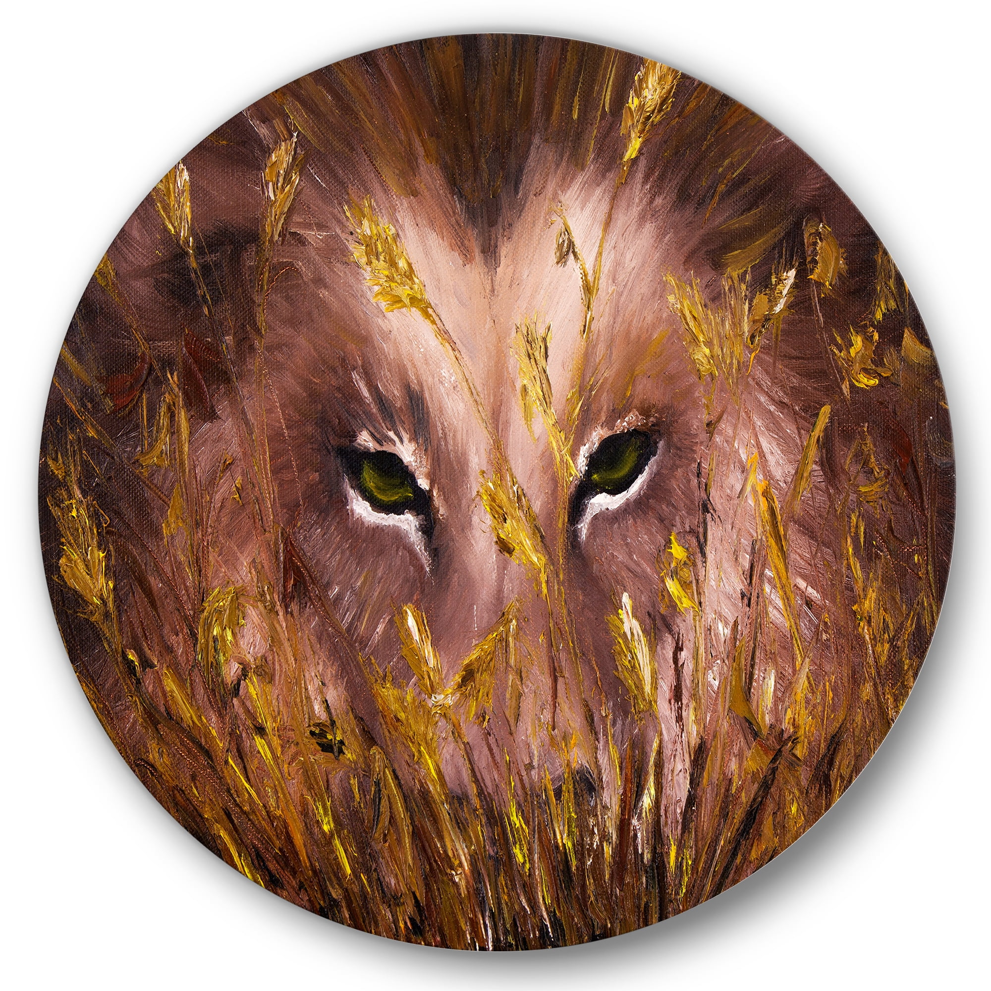 Designart 'Close Up Of Wolf Eyes In The Grass' Farmhouse Circle Metal Wall Art 36x36 - Disc of 36