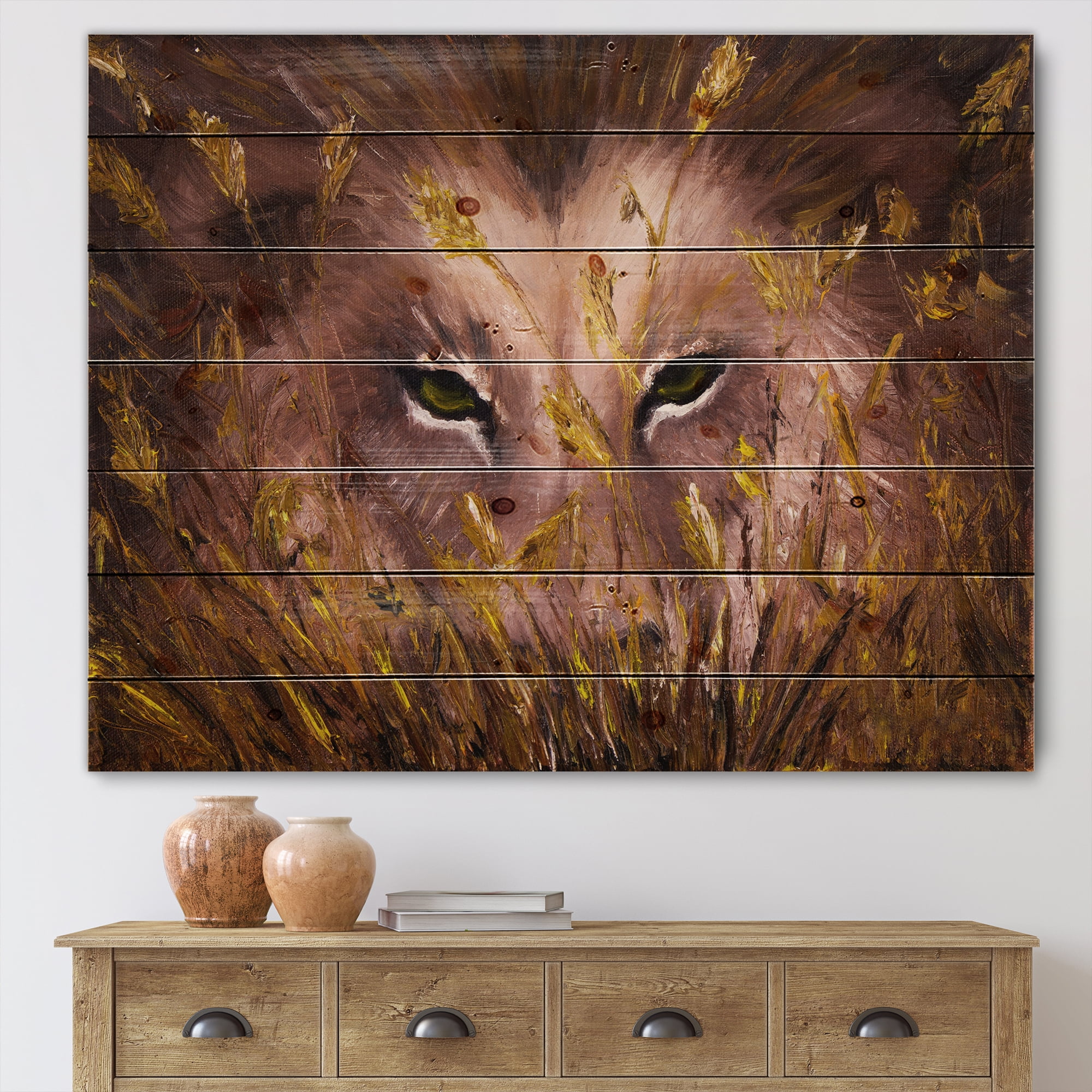 Designart 'Close Up Of Wolf Eyes In The Grass' Farmhouse Print on Natural Pine Wood