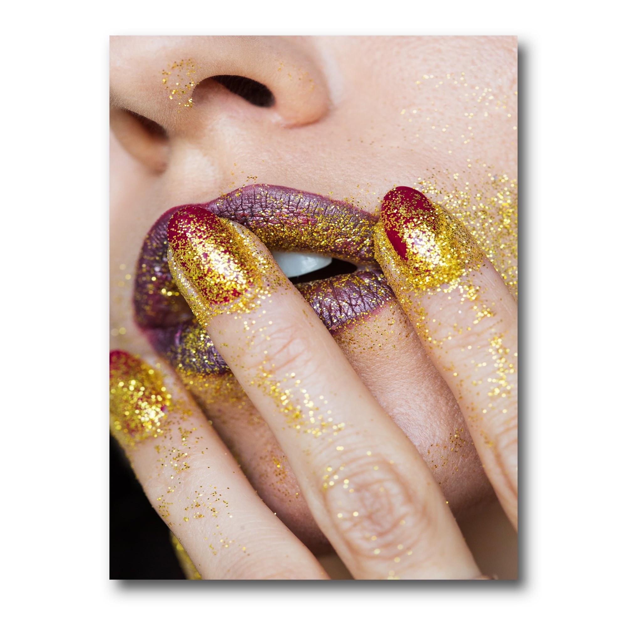 Designart ' Close-Up Of Woman Golden Gold Glitter Lipstick ' Modern Canvas Wall Art Print