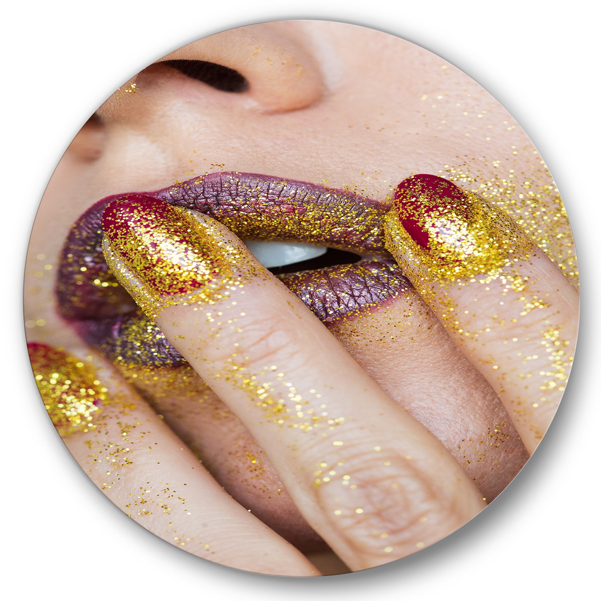 Designart 'Close-Up Of Woman Golden Gold Glitter Lipstick' Modern Circle Metal Wall Art 23x23 - Disc of 23