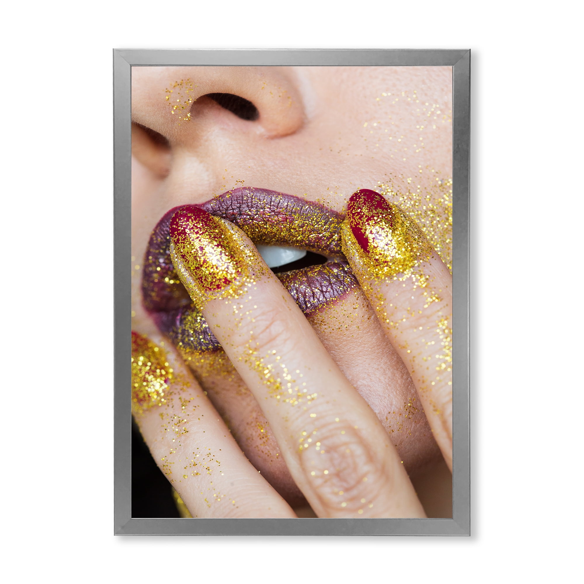 Designart 'Close-Up Of Woman Golden Gold Glitter Lipstick' Modern Framed Art Print