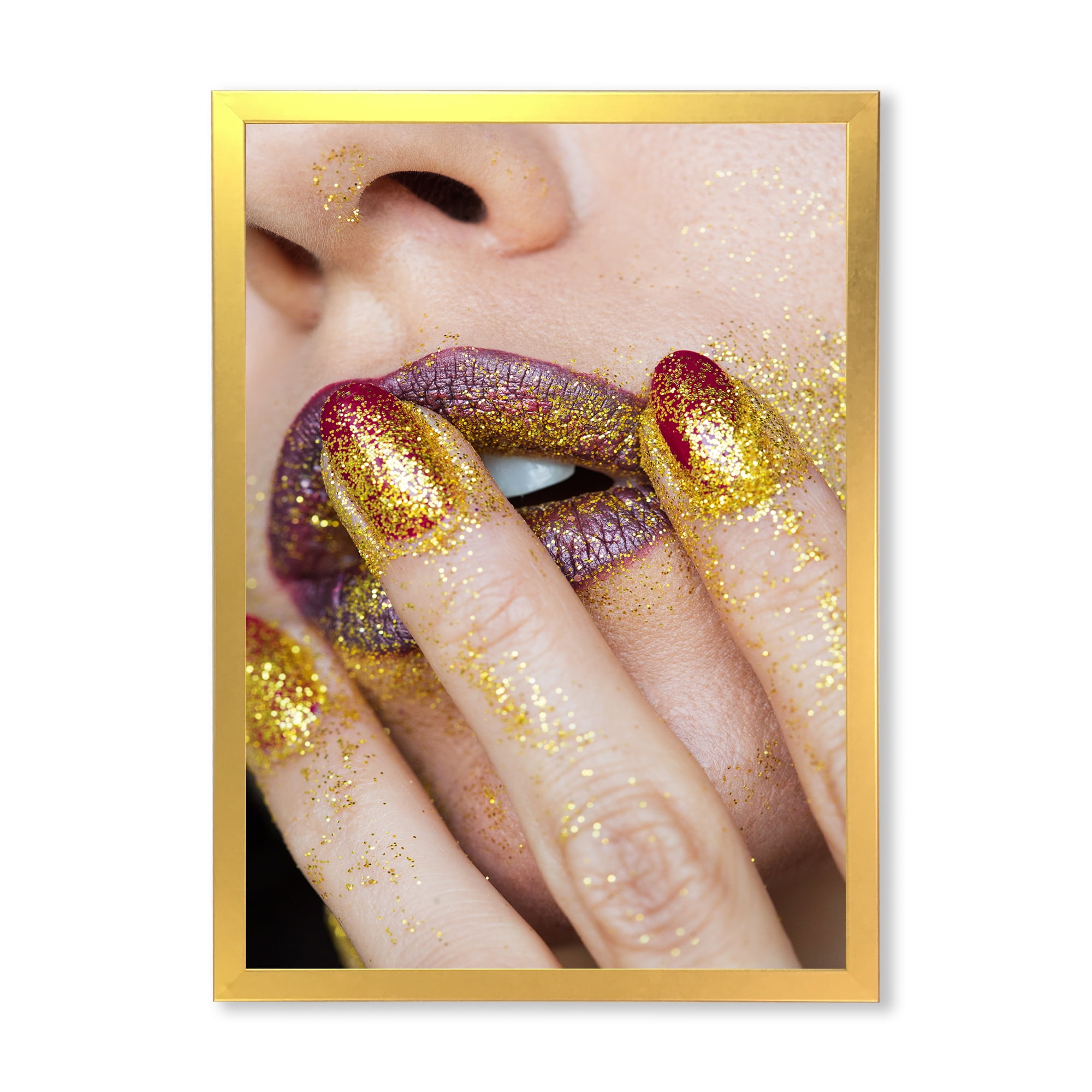 Designart 'Close-Up Of Woman Golden Gold Glitter Lipstick' Modern Framed Art Print