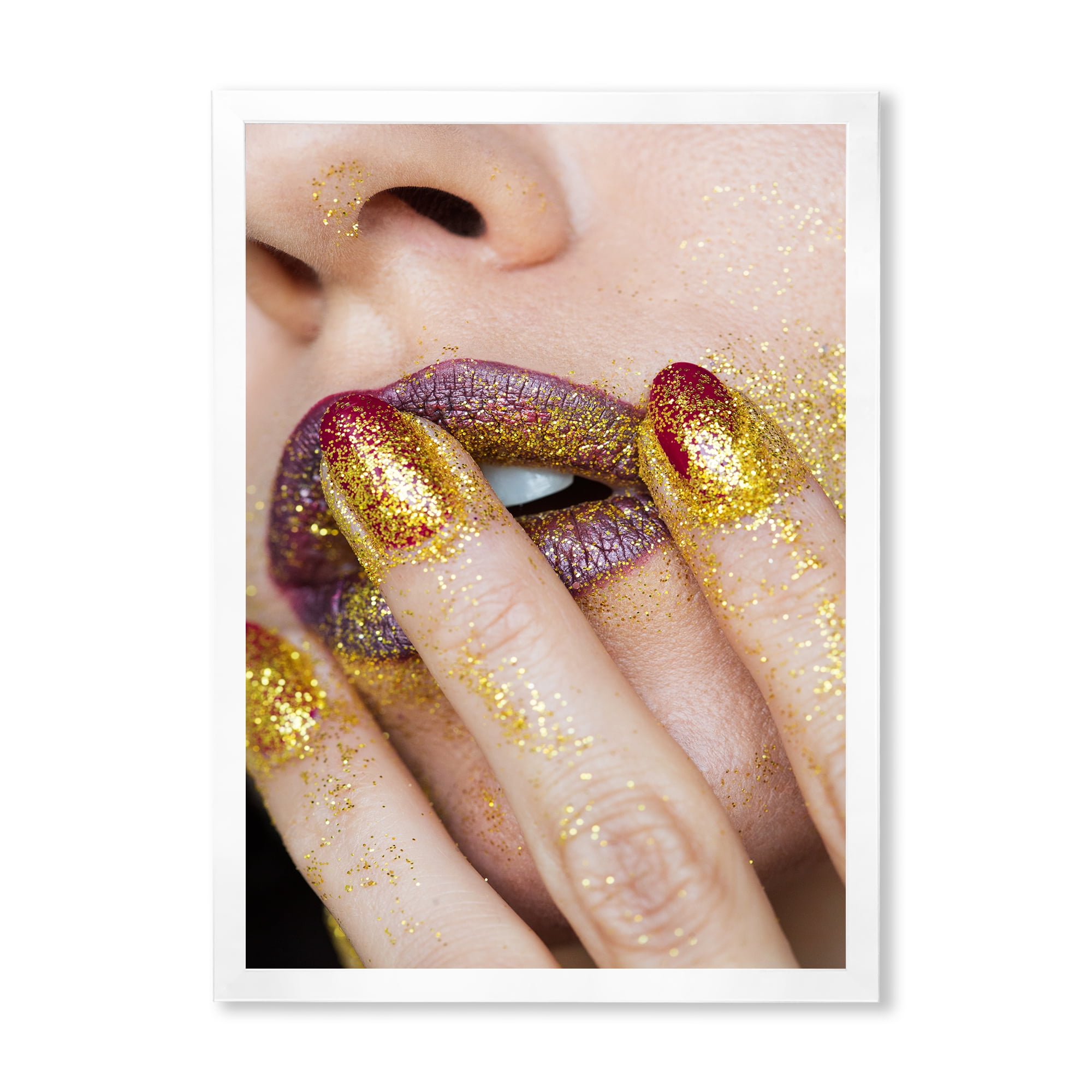 Designart 'Close-Up Of Woman Golden Gold Glitter Lipstick' Modern Framed Art Print