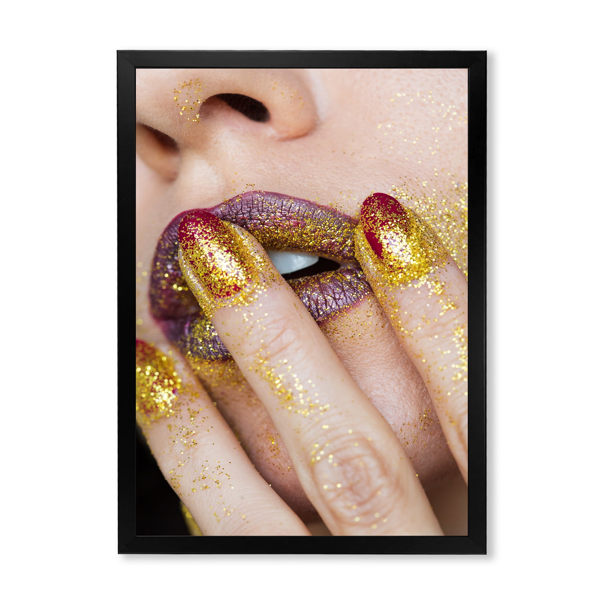 Designart 'Close-Up Of Woman Golden Gold Glitter Lipstick' Modern Framed Art Print