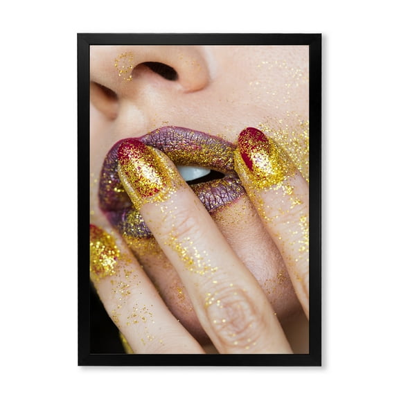 Designart 'Close-Up Of Woman Golden Gold Glitter Lipstick' Modern Framed Art Print