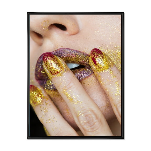 Designart 'Close-Up Of Woman Golden Gold Glitter Lipstick' Modern Framed Canvas Wall Art Print