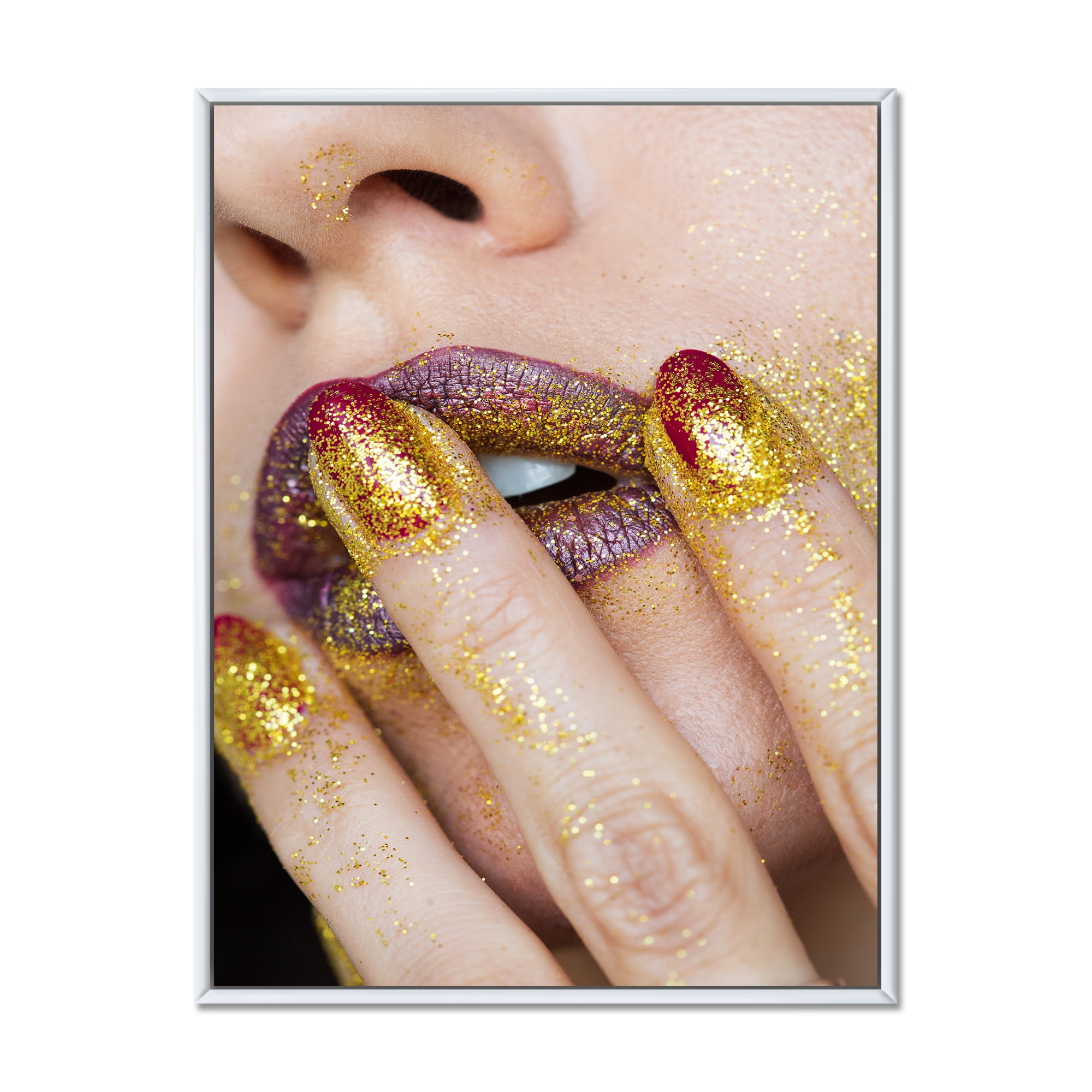 Designart 'Close-Up Of Woman Golden Gold Glitter Lipstick' Modern Framed Canvas Wall Art Print