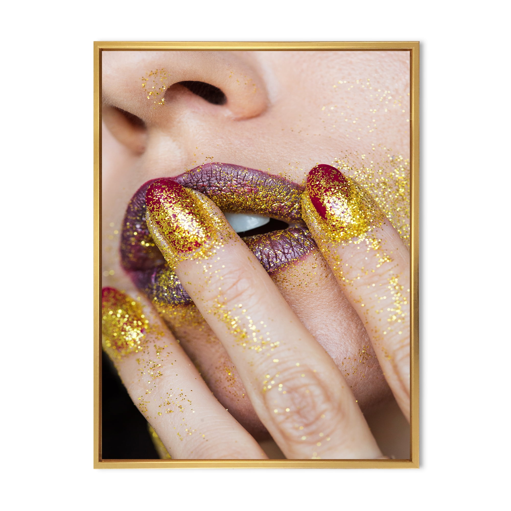 Designart 'Close-Up Of Woman Golden Gold Glitter Lipstick' Modern Framed Canvas Wall Art Print