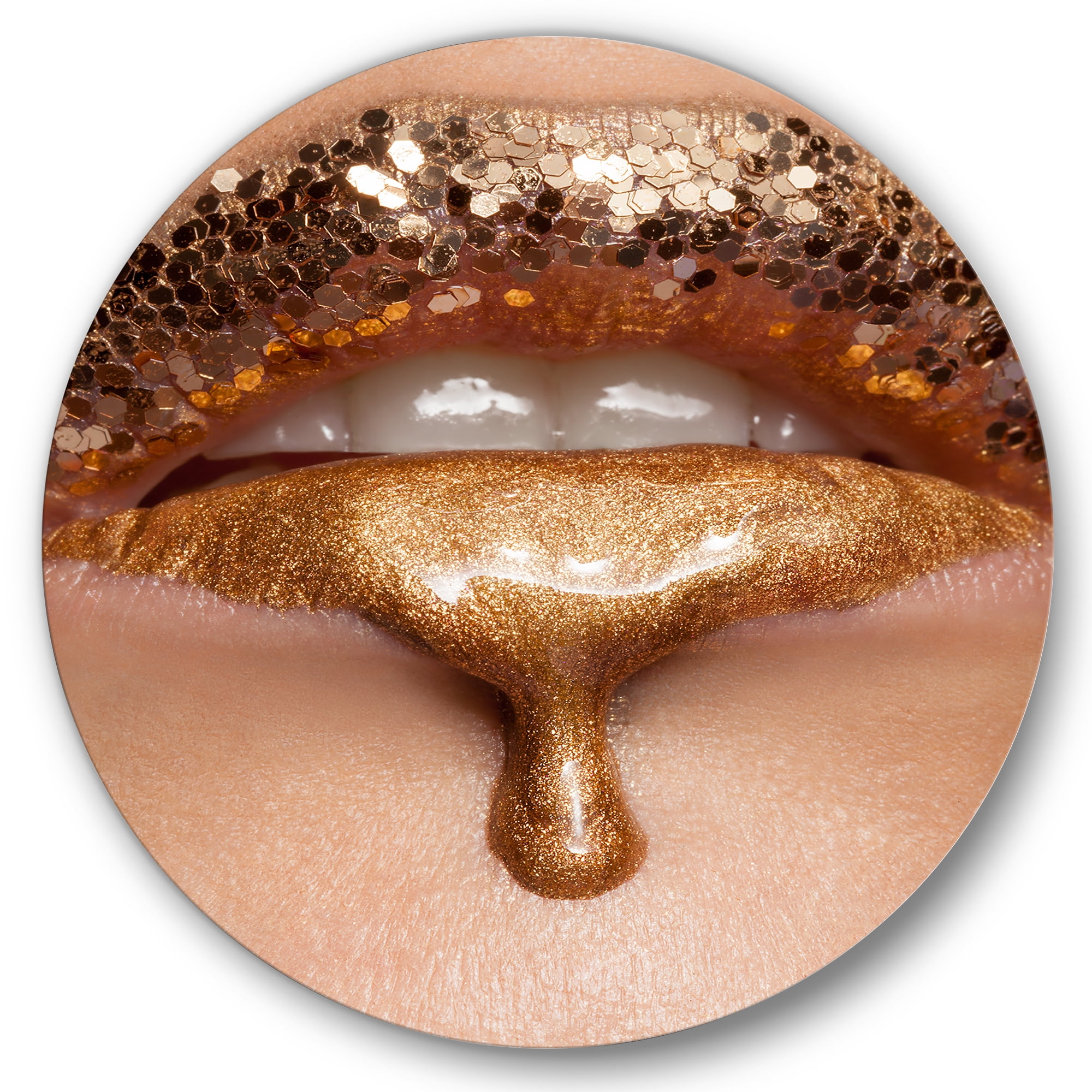 Designart 'Close-Up Of Woman Make-Up Of Gold Liquid Lips' Modern Circle Metal Wall Art 11x11 - Disc of 11