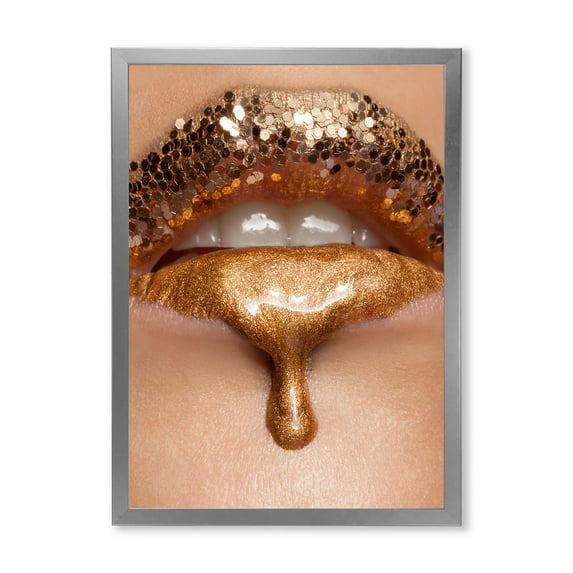 Designart 'Close-Up Of Woman Make-Up Of Gold Liquid Lips' Modern Framed Art Print