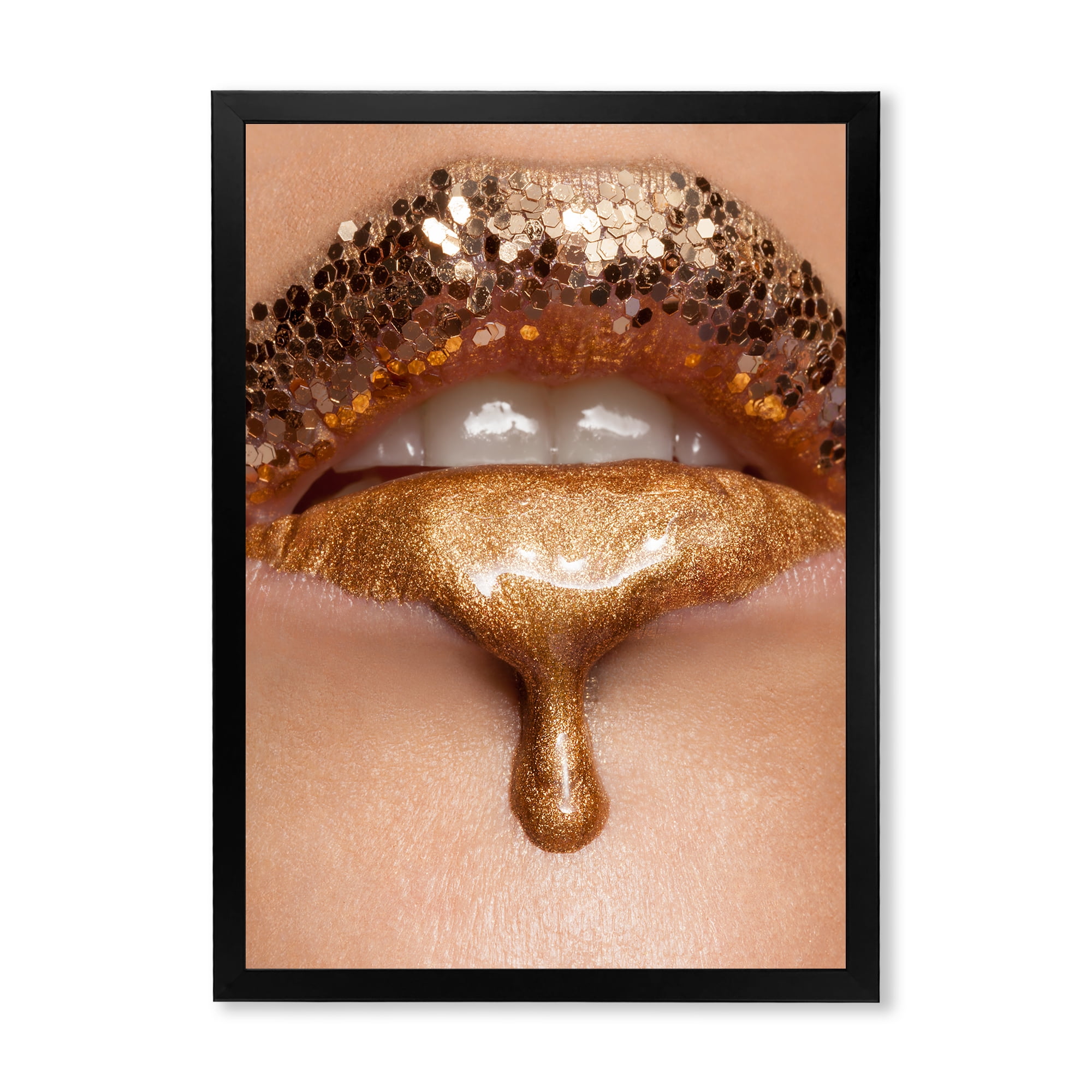 Designart 'Close-Up Of Woman Make-Up Of Gold Liquid Lips' Modern Framed Art Print