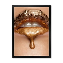 Designart 'Close-Up Of Woman Make-Up Of Gold Liquid Lips' Modern Framed Art Print