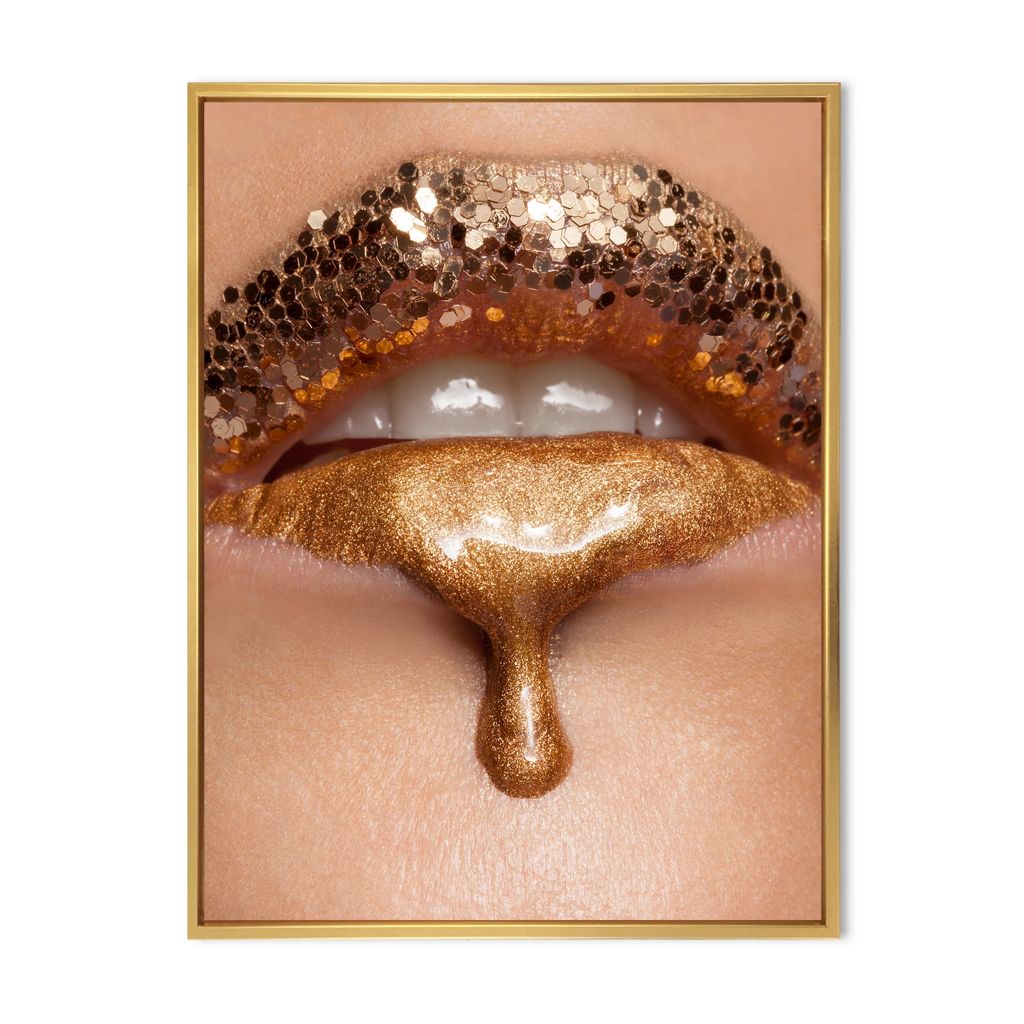 Designart 'Close-Up Of Woman Make-Up Of Gold Liquid Lips' Modern Framed Canvas Wall Art Print