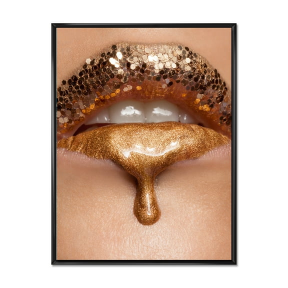 Designart 'Close-Up Of Woman Make-Up Of Gold Liquid Lips' Modern Framed Canvas Wall Art Print