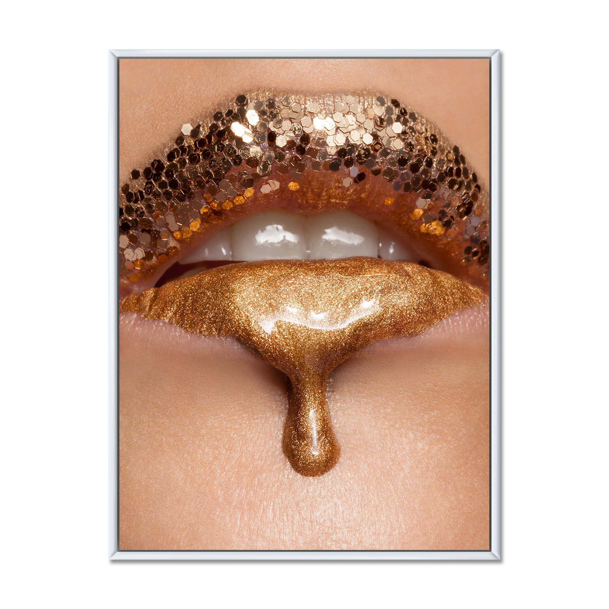 Designart 'Close-Up Of Woman Make-Up Of Gold Liquid Lips' Modern Framed Canvas Wall Art Print