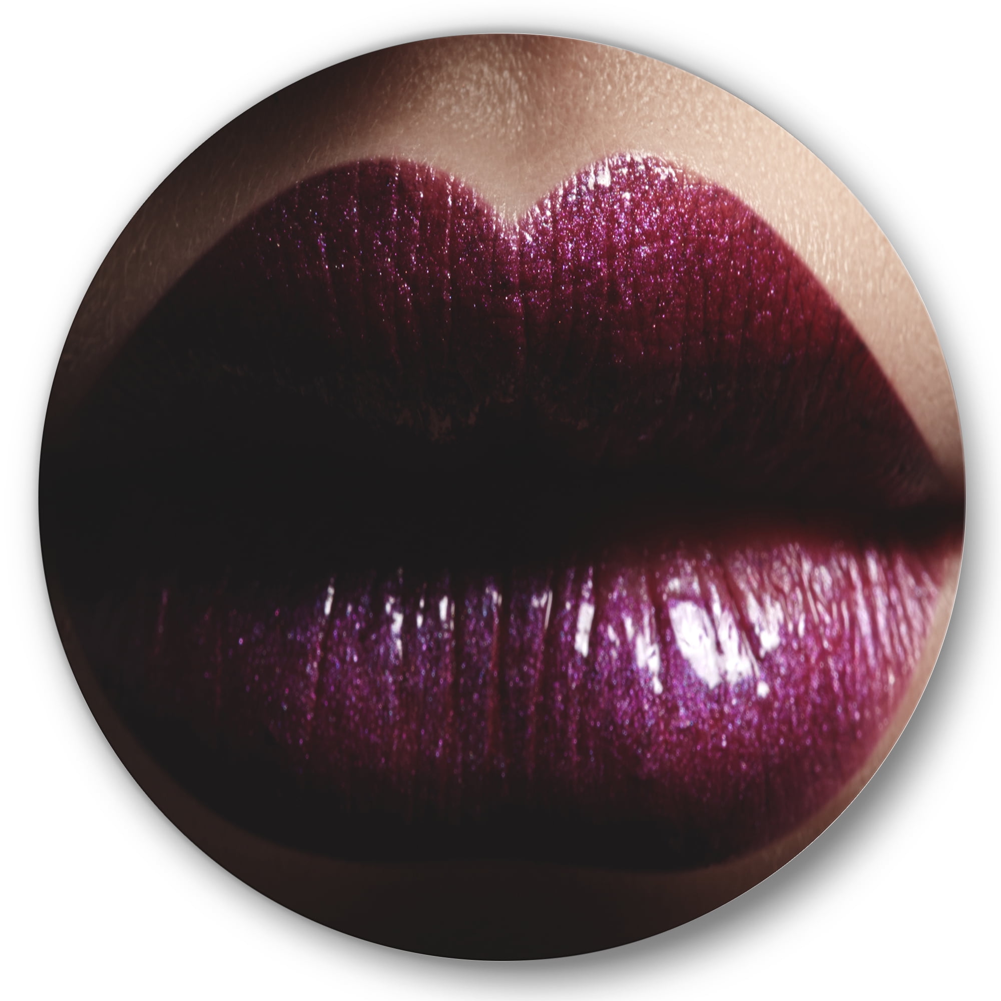 Designart 'Close-Up Of Woman Plump Lips With Glitter' Modern Circle Metal Wall Art 29x29 - Disc of 29