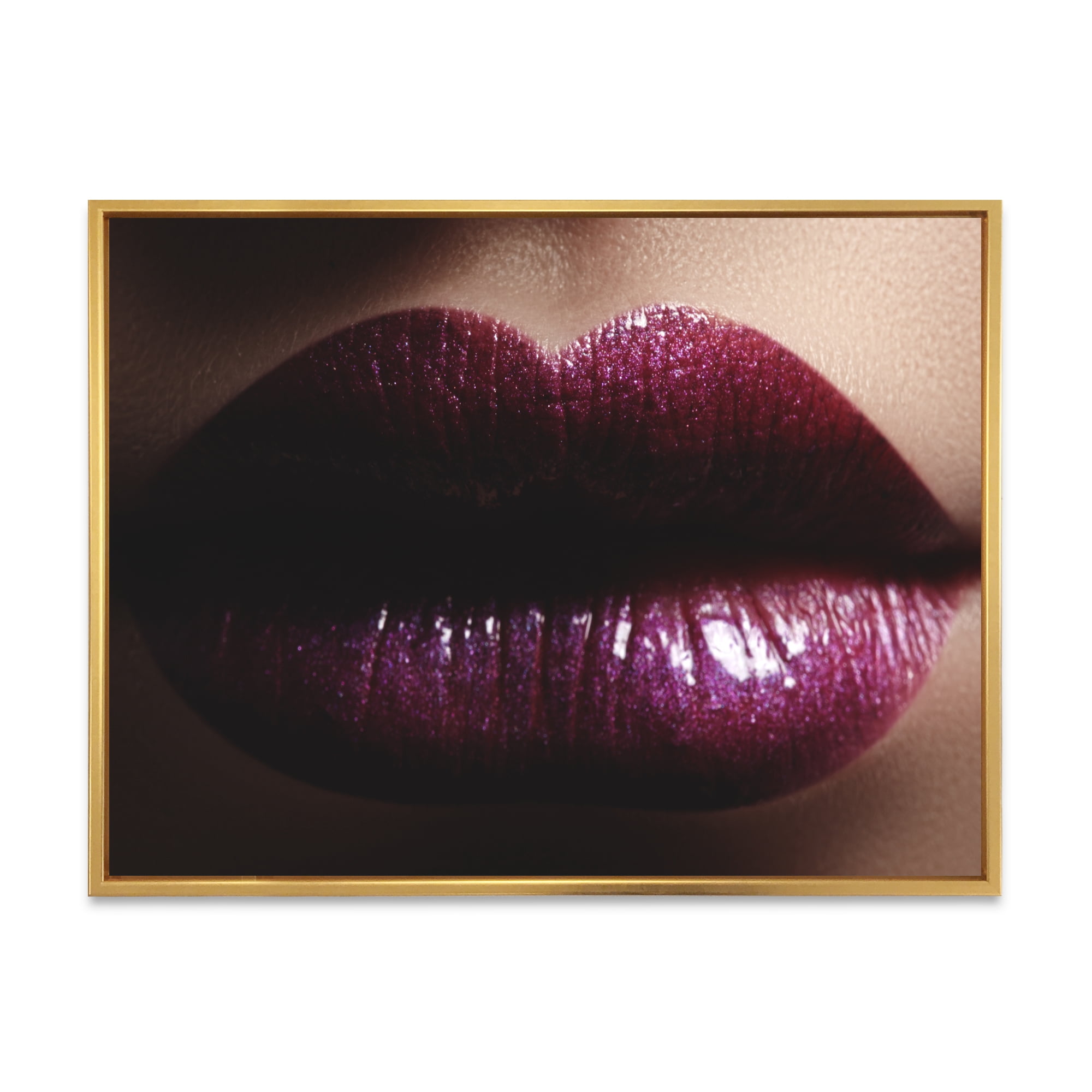 Designart 'Close-Up Of Woman Plump Lips With Glitter' Modern Framed Canvas Wall Art Print