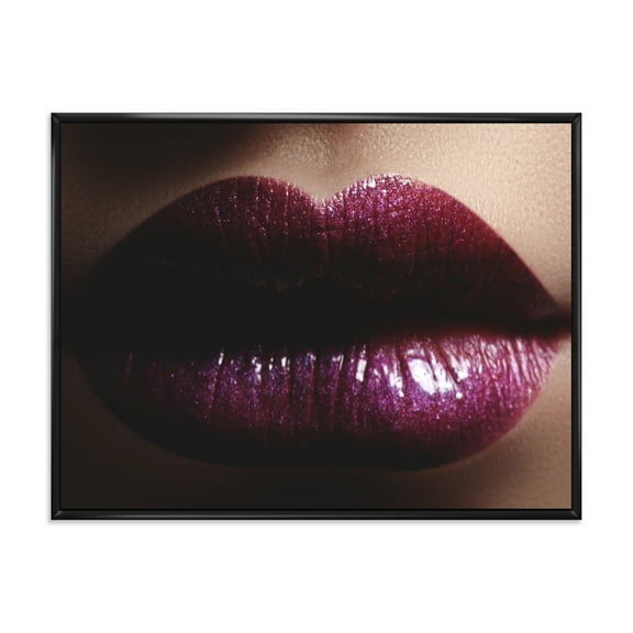 Designart 'Close-Up Of Woman Plump Lips With Glitter' Modern Framed Canvas Wall Art Print