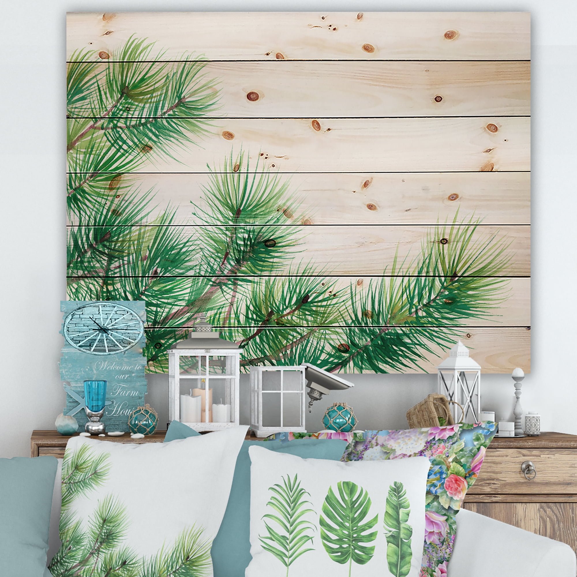 Designart 'Close Up Pine Tree Branches' Traditional Print on Natural Pine Wood