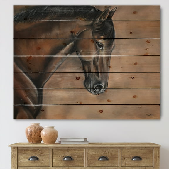 Designart 'Close Up Portrait Of A Brown Bay Horse' Farmhouse Print on Natural Pine Wood