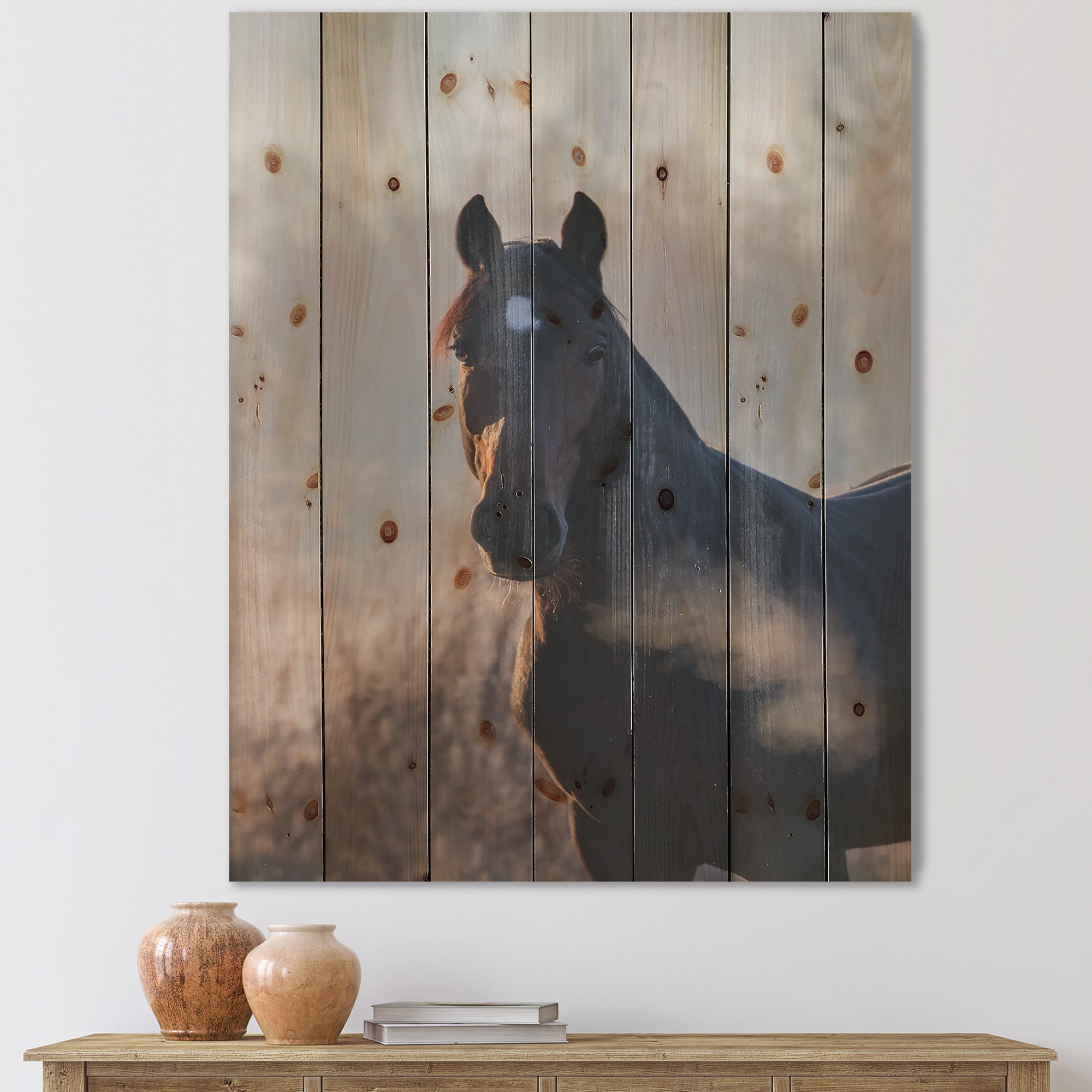 Designart 'Close Up Portrait Of A Horse On An Autumn Morning' Farmhouse Print on Natural Pine Wood