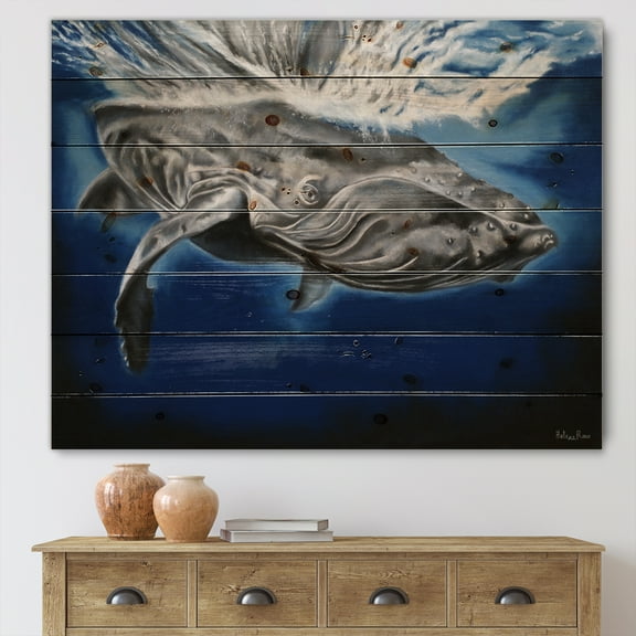Designart 'Close Up Portrait Of A Humpback Whale' Nautical & Coastal Print on Natural Pine Wood
