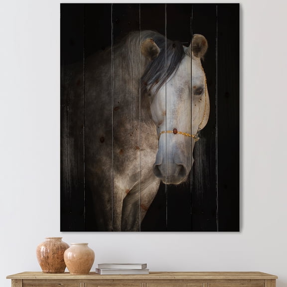 Designart 'Close Up Portrait Of A White Horse' Farmhouse Print on Natural Pine Wood