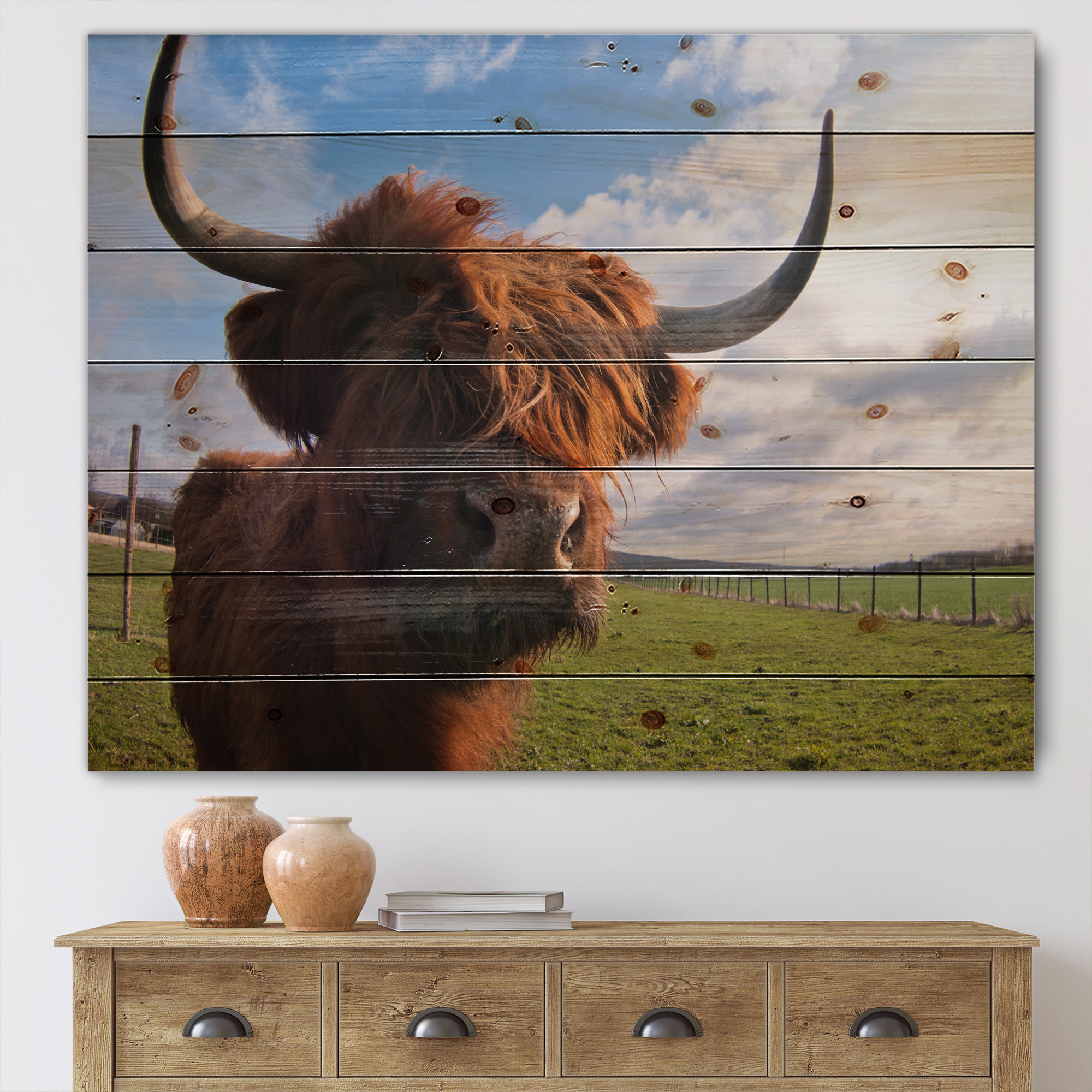 Designart 'Close Up Portrait Of A Yak' Farmhouse Print on Natural Pine Wood