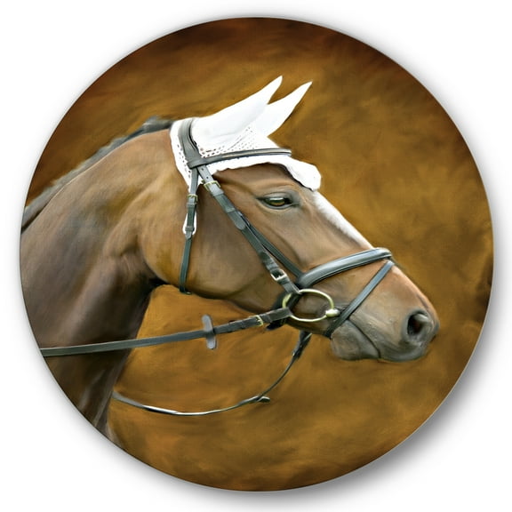 Designart 'Close Up Portrait Of Brown Horse With White Ears' Farmhouse Circle Metal Wall Art 36x36 - Disc of 36