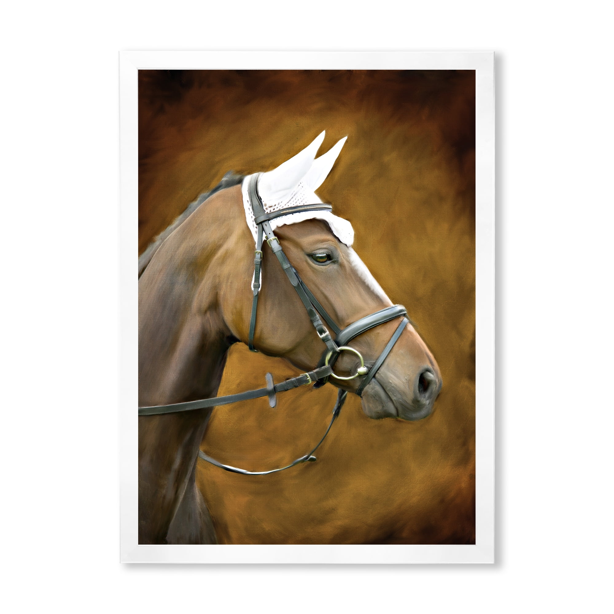 Designart 'Close Up Portrait Of Brown Horse With White Ears' Farmhouse Framed Art Print