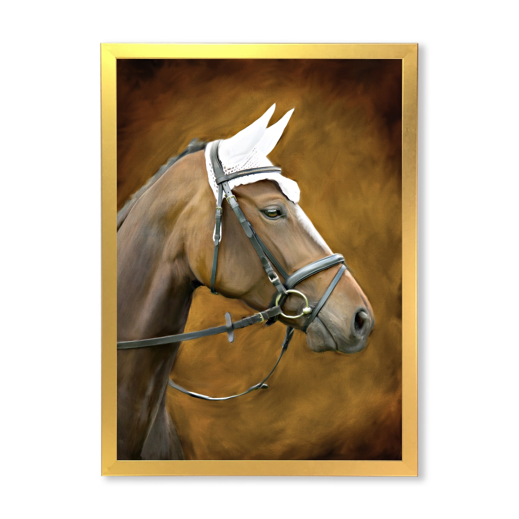 Designart 'Close Up Portrait Of Brown Horse With White Ears' Farmhouse Framed Art Print