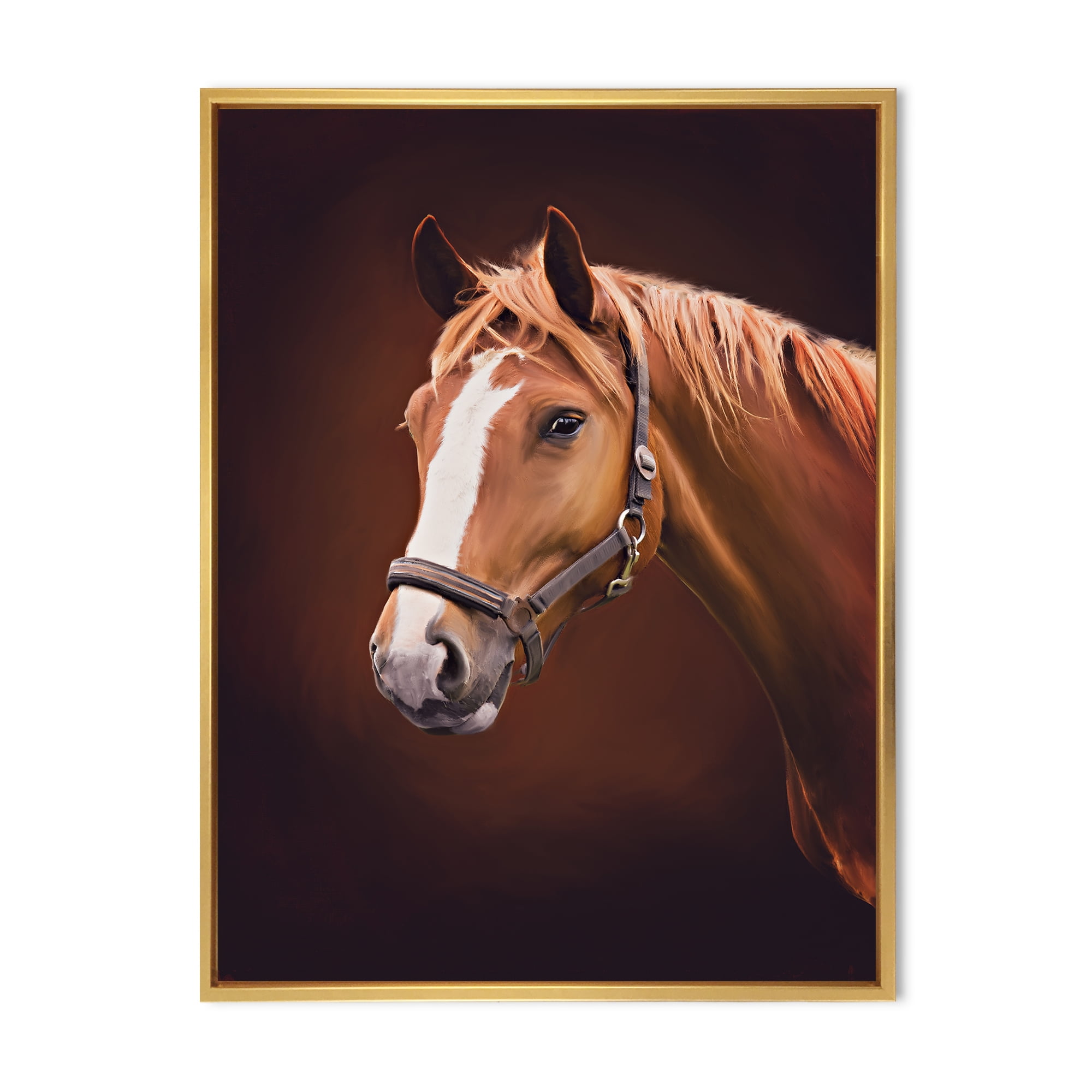 Designart 'Close Up Portrait Of Brown Horse With White Nose II' Farmhouse Framed Canvas Wall Art Print