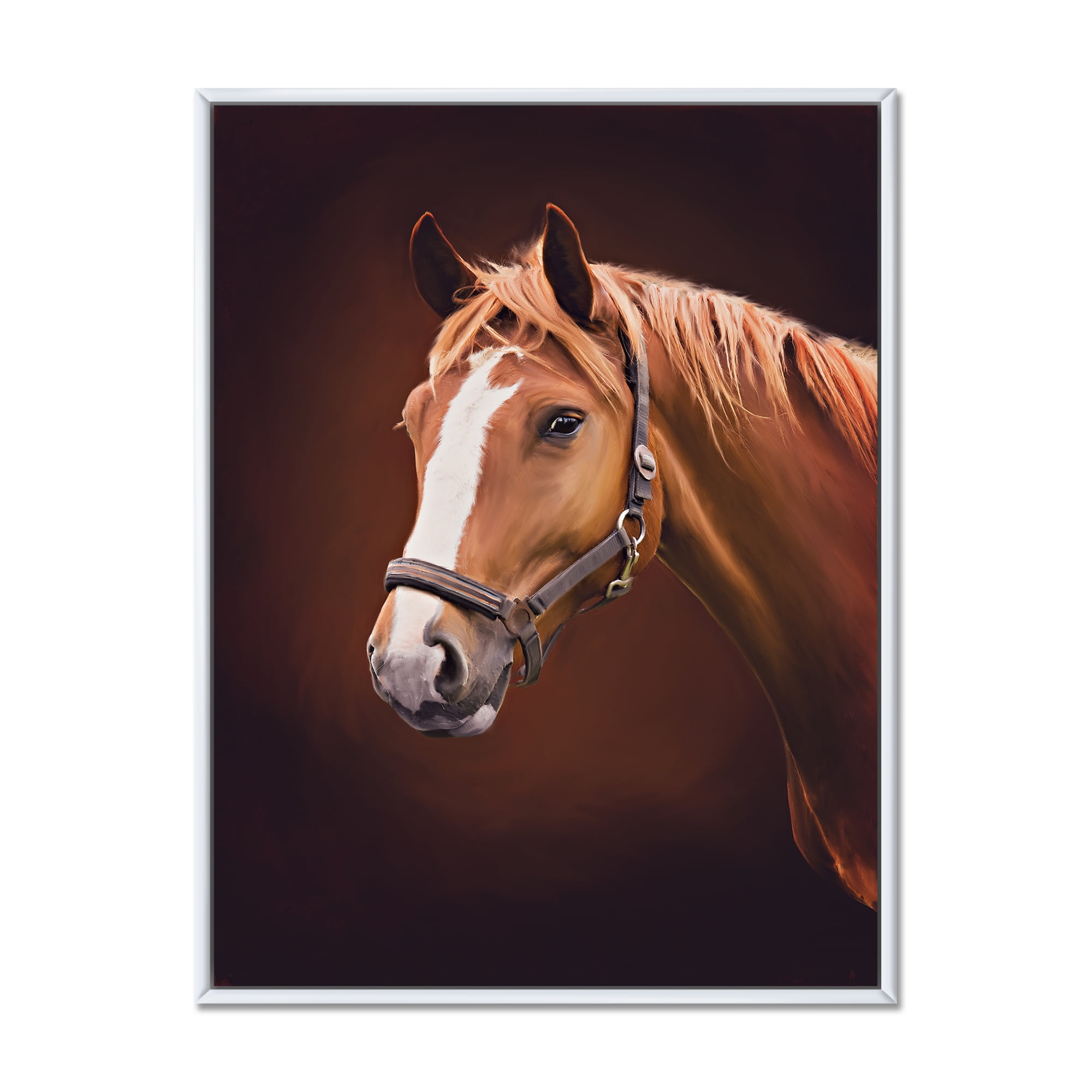 Designart 'Close Up Portrait Of Brown Horse With White Nose II' Farmhouse Framed Canvas Wall Art Print