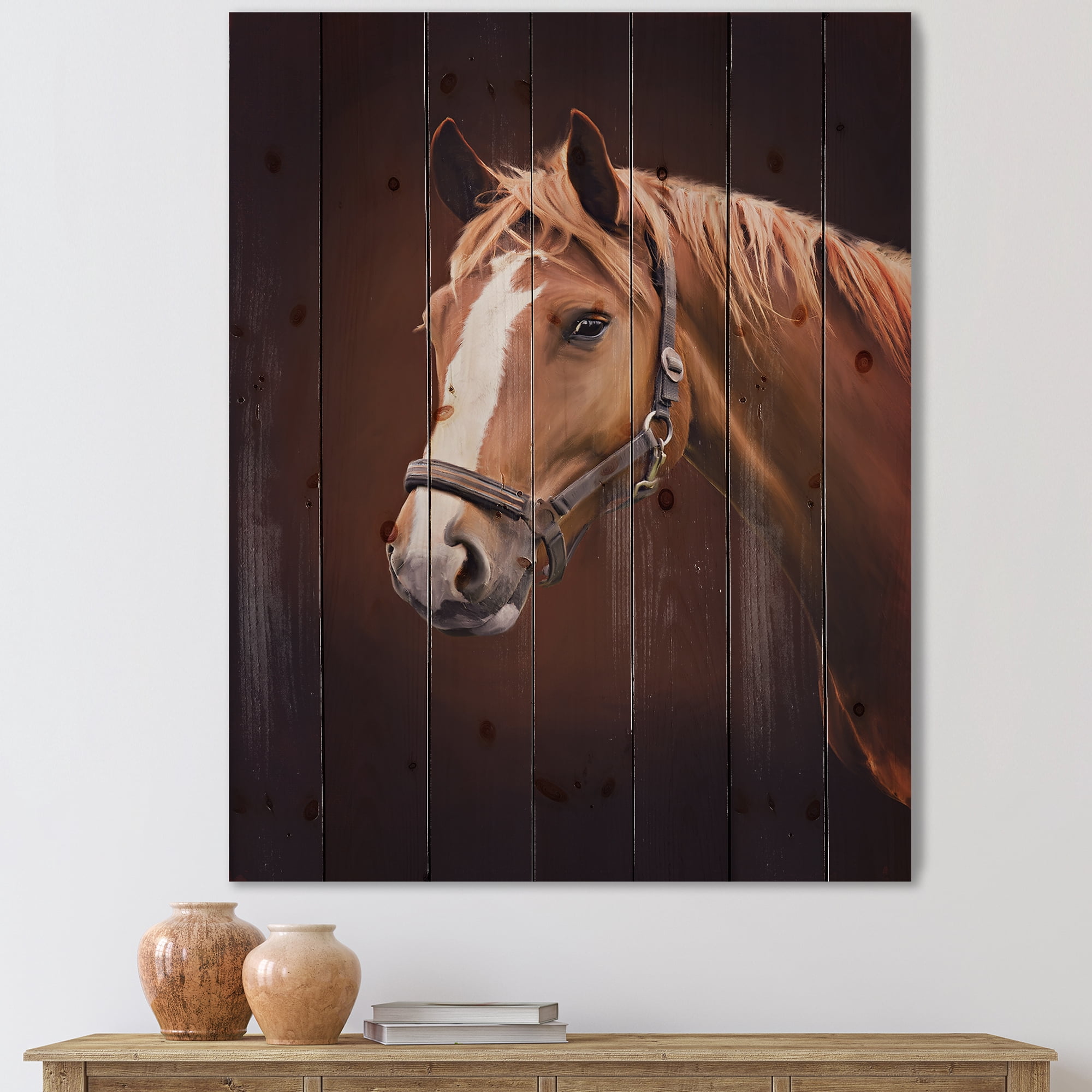 Designart 'Close Up Portrait Of Brown Horse With White Nose II' Farmhouse Print on Natural Pine Wood