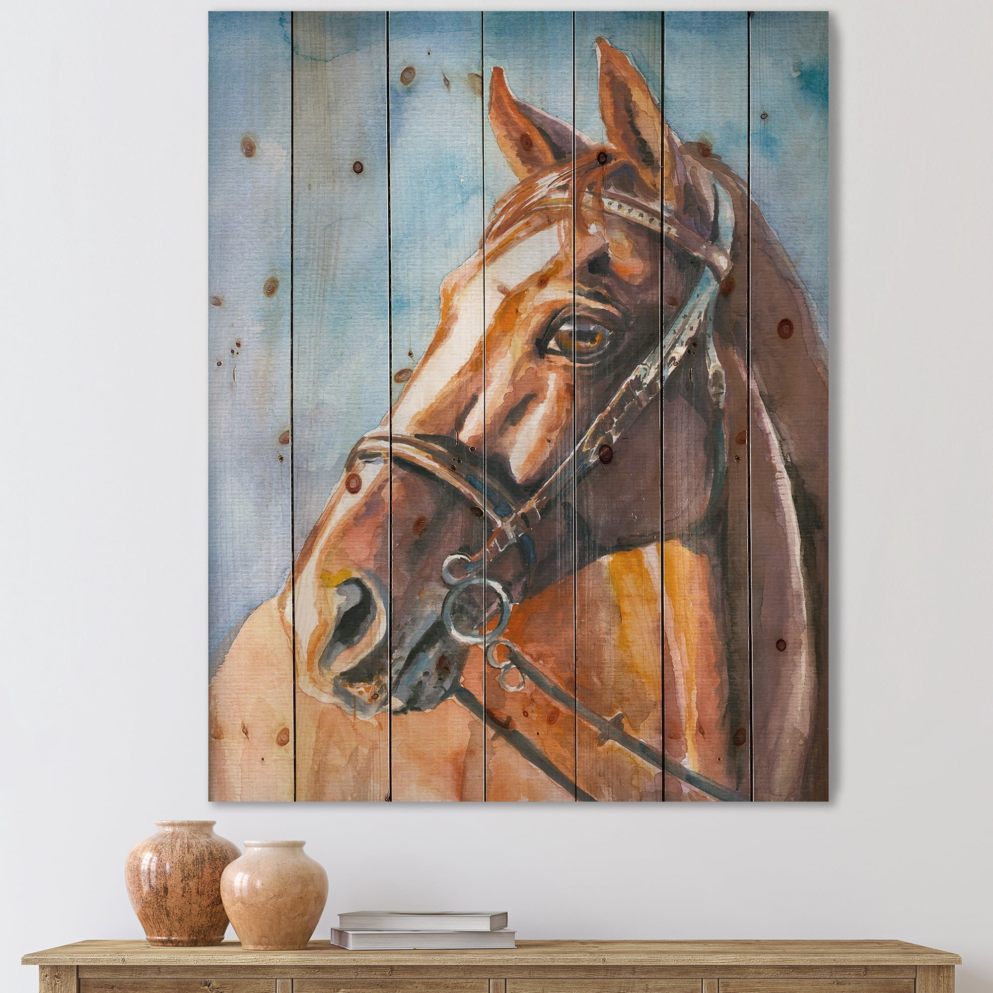Designart 'Close Up Portrait of A Brown Horse' Farmhouse Print on Natural Pine Wood