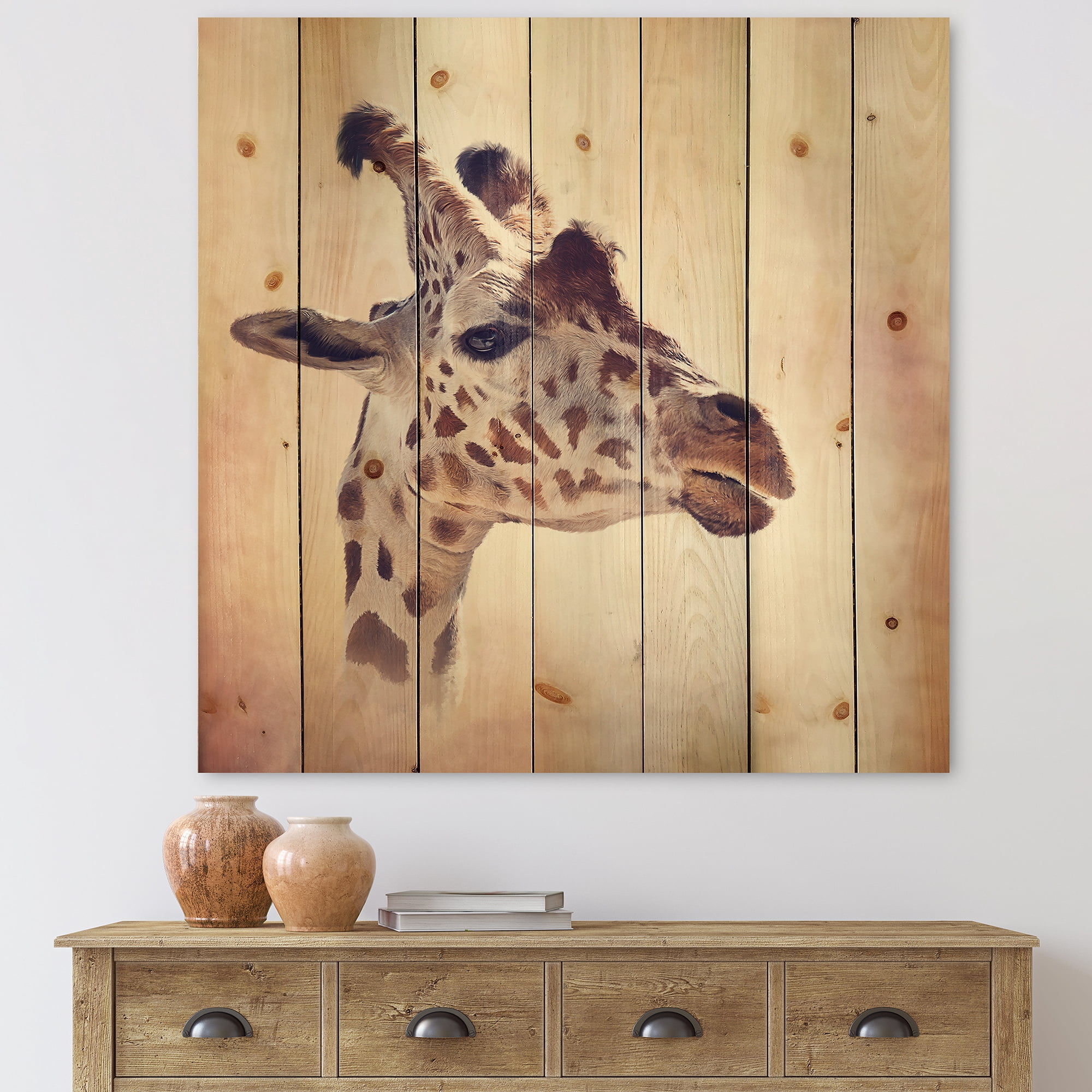 Designart 'Close Up Portrait of A Giraffe VII' Farmhouse Print on Natural Pine Wood